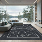Minimalist Graphite Basketball Court Line Art Rug