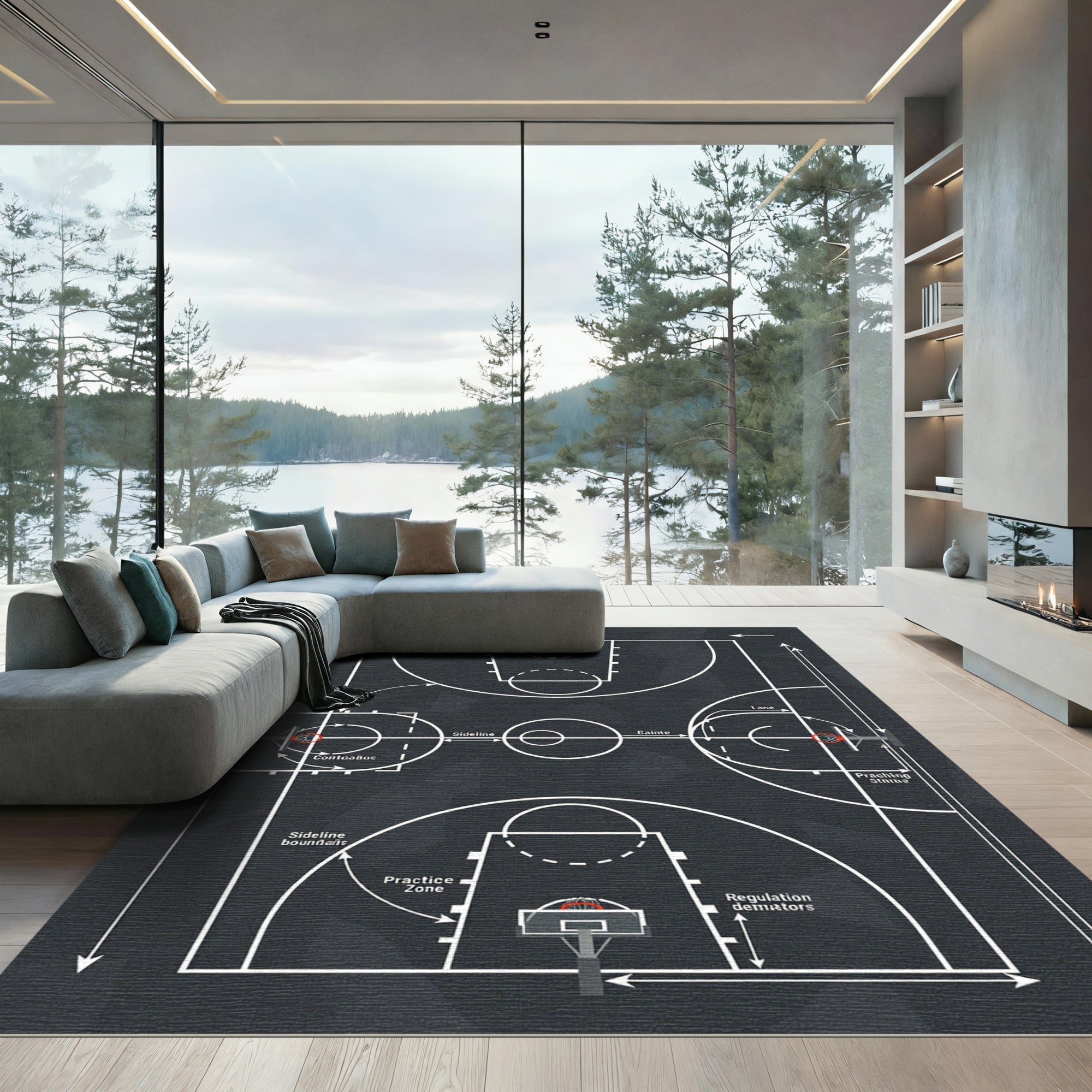 Minimalist Graphite Basketball Court Line Art Rug