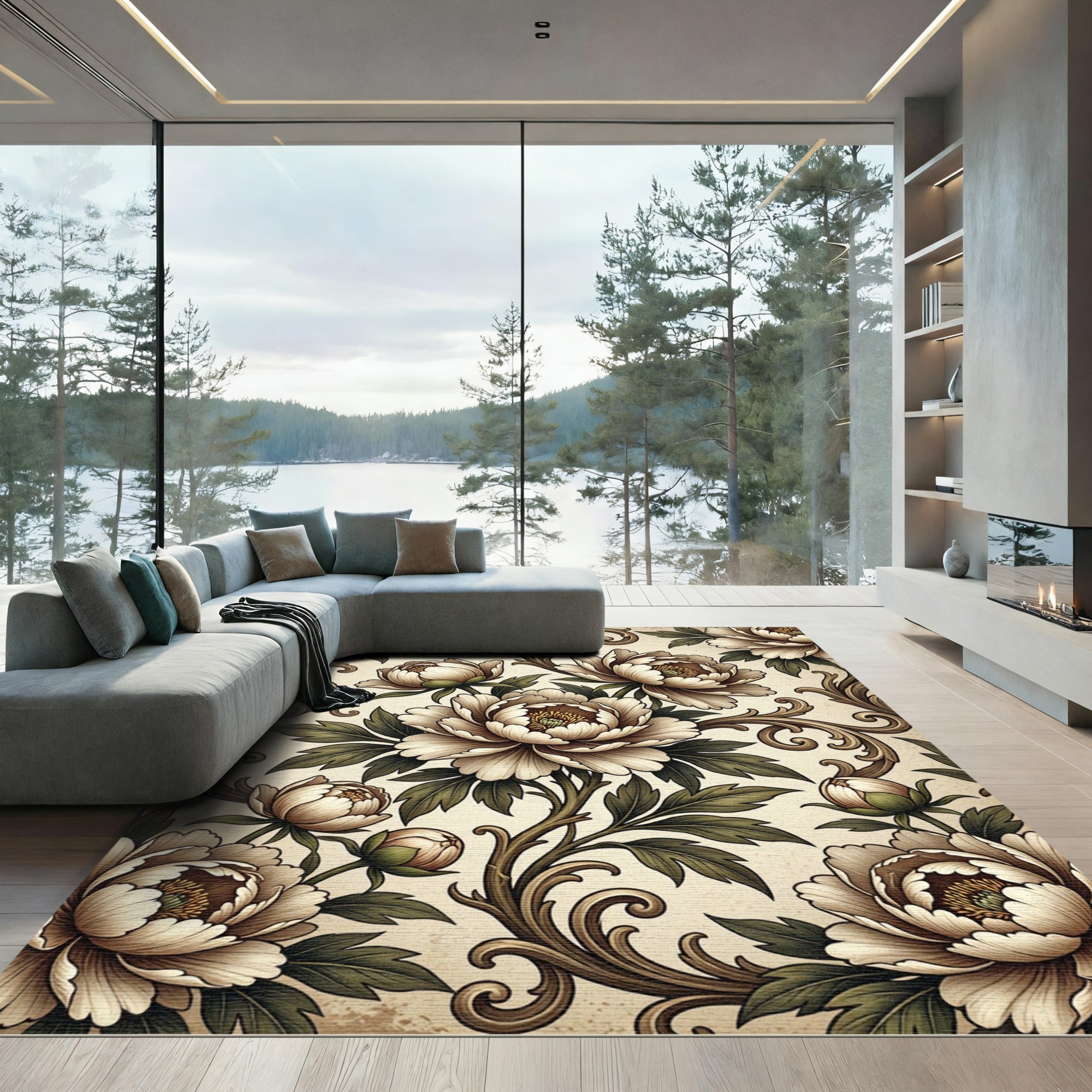 Antique Cream Floral Scrollwork Rug