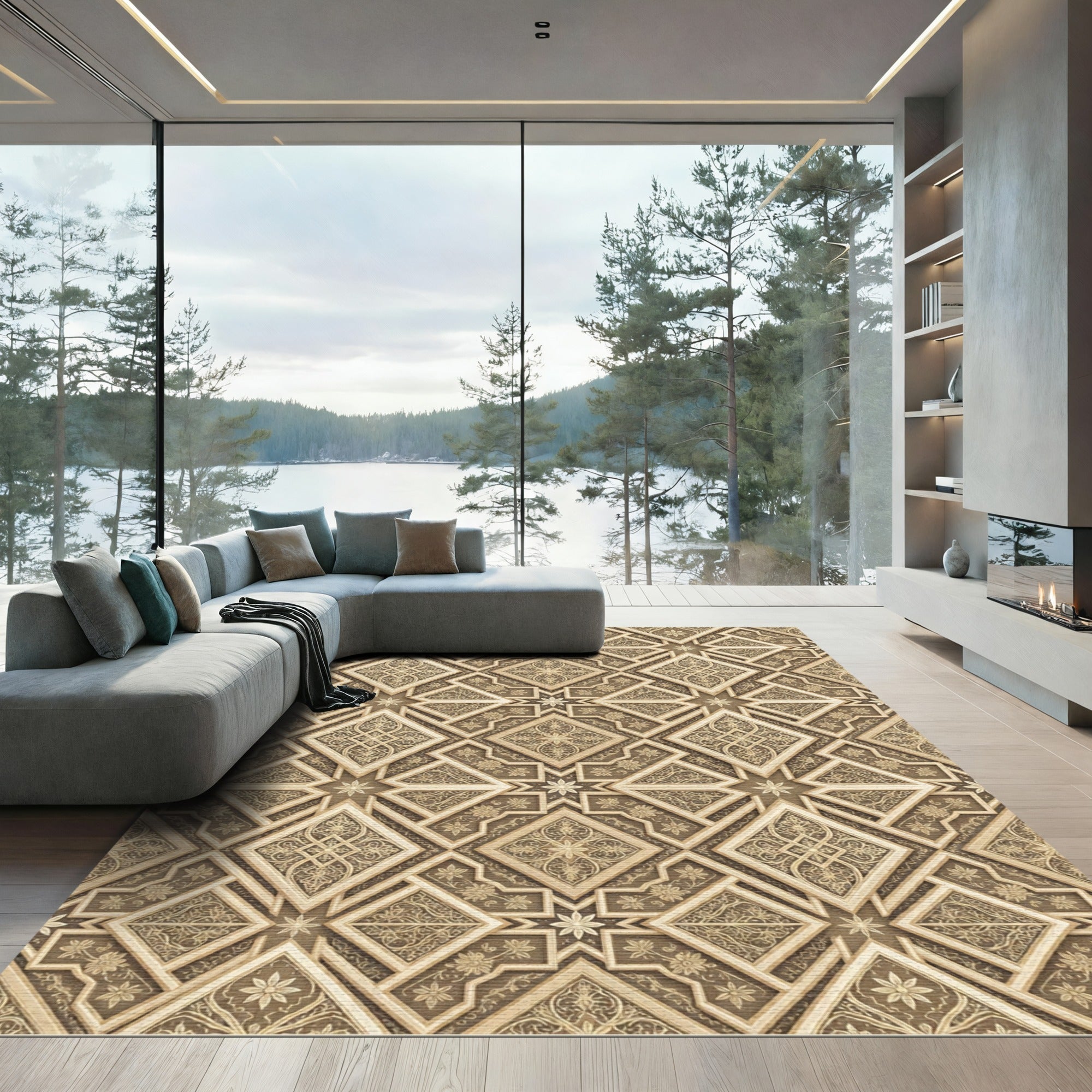 Ornate Golden Brown Geometric Star Rug