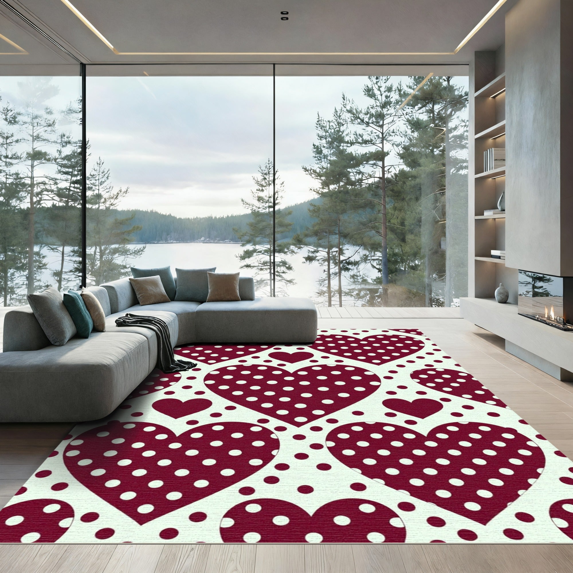 Deep Red Polka Dot Hearts Rug