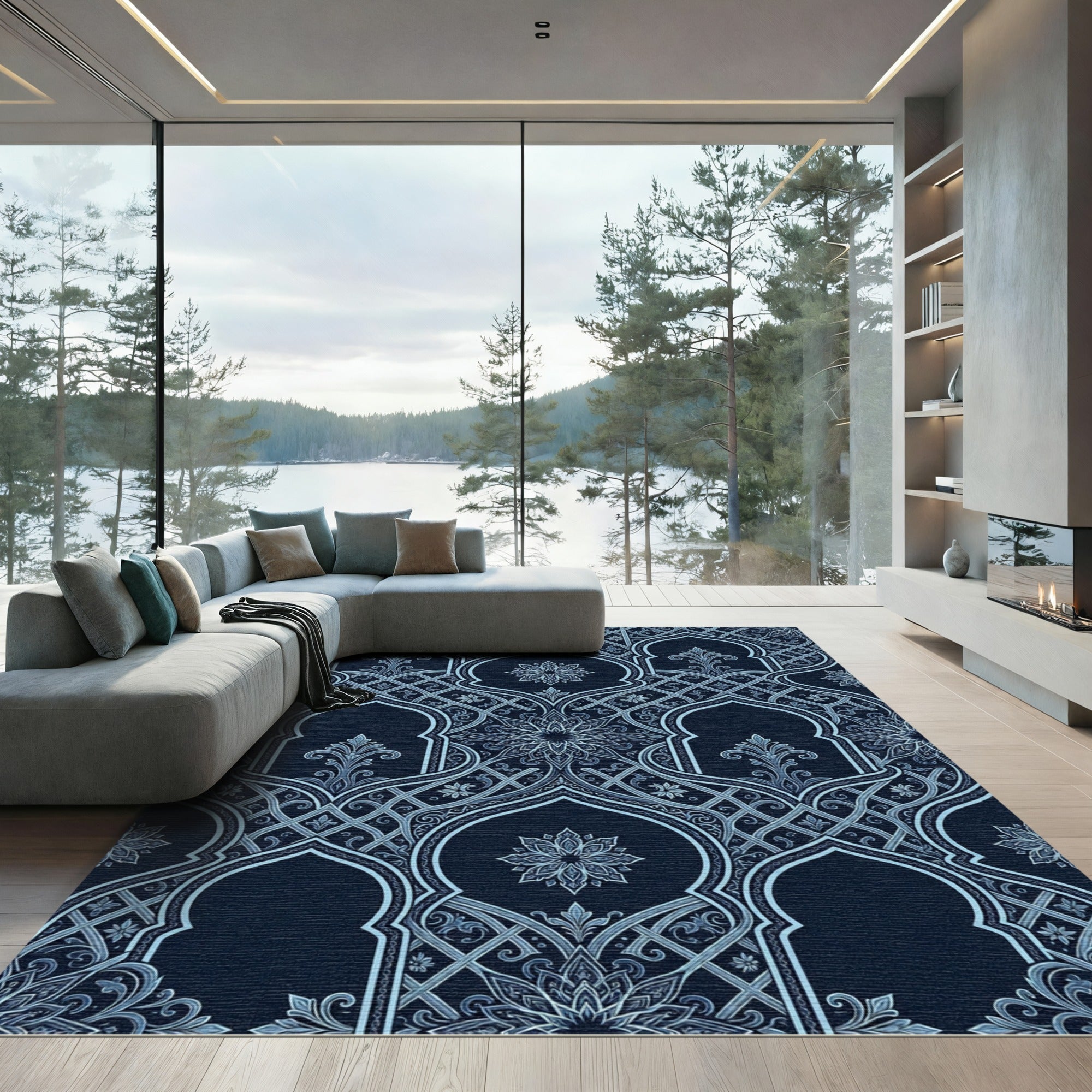 Midnight Blue Ornate Arabesque Arch Rug