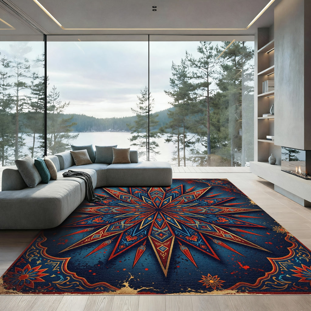 Sunburst Floral Medallion Crimson Blue Rug