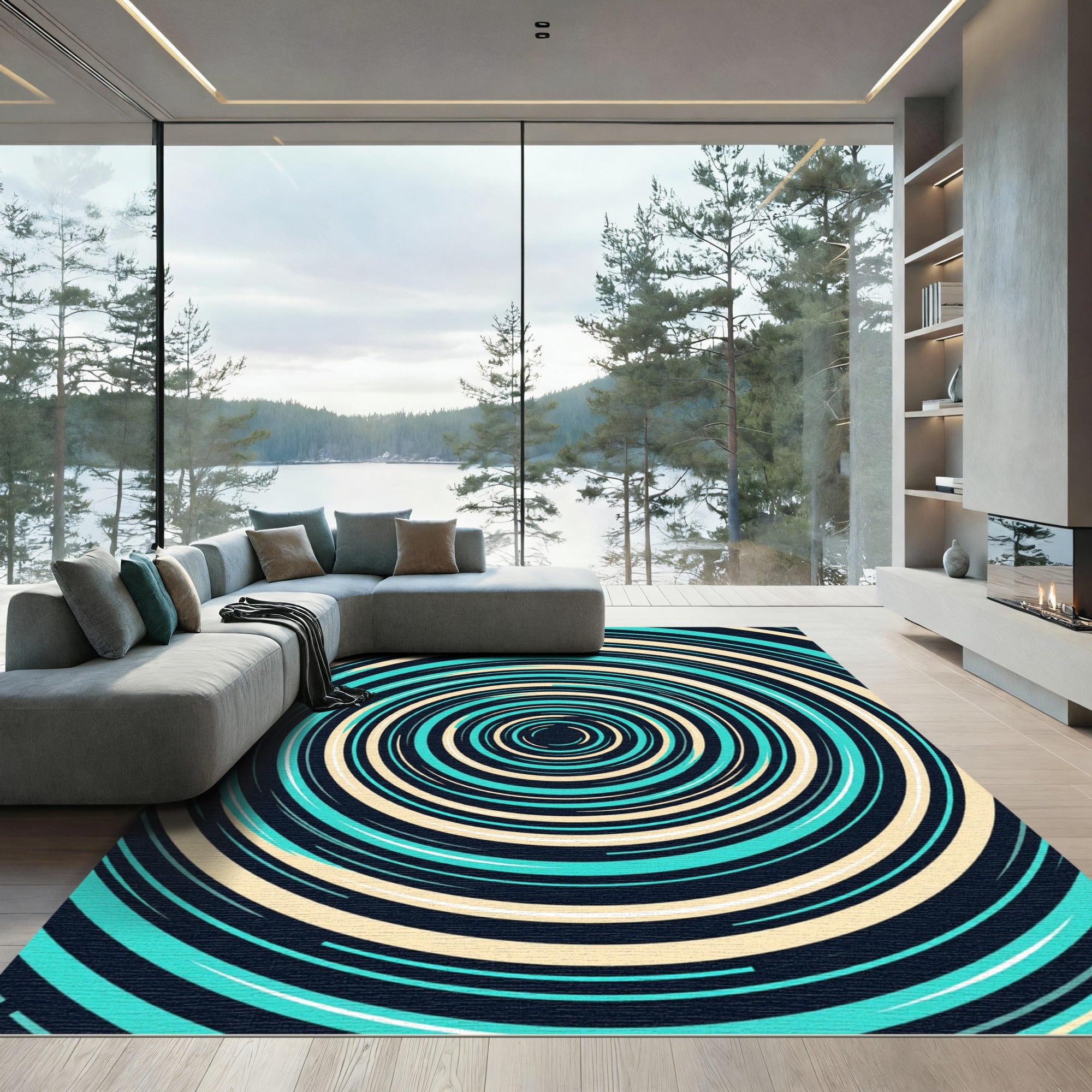 Modern Teal and Cream Concentric Vortex Rug