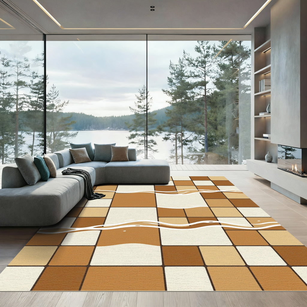 Brown Tan Square Wave Effect Rug