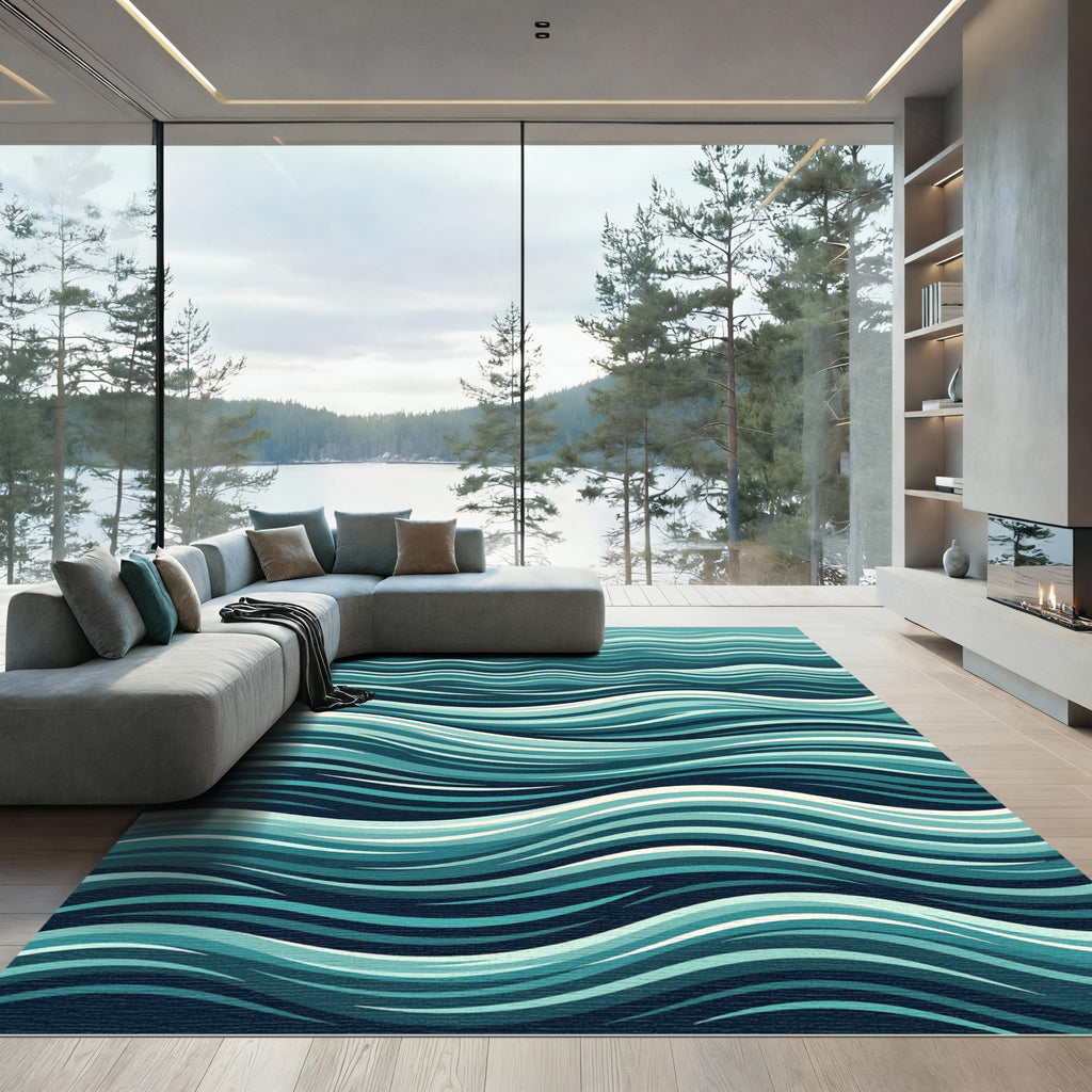 Coastal Teal Abstract Layered Wave Rug
