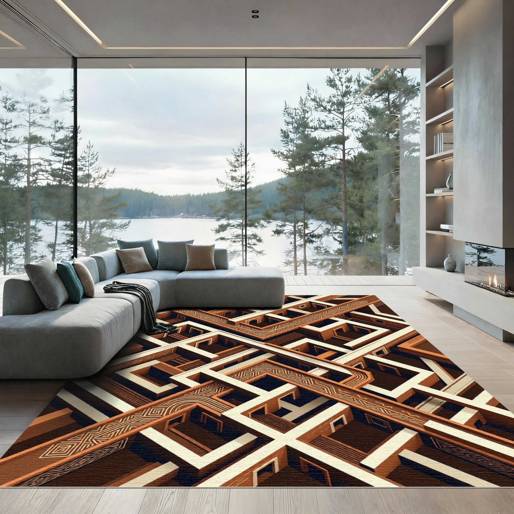 Abstract Terracotta Geometric Isometric Maze Rug
