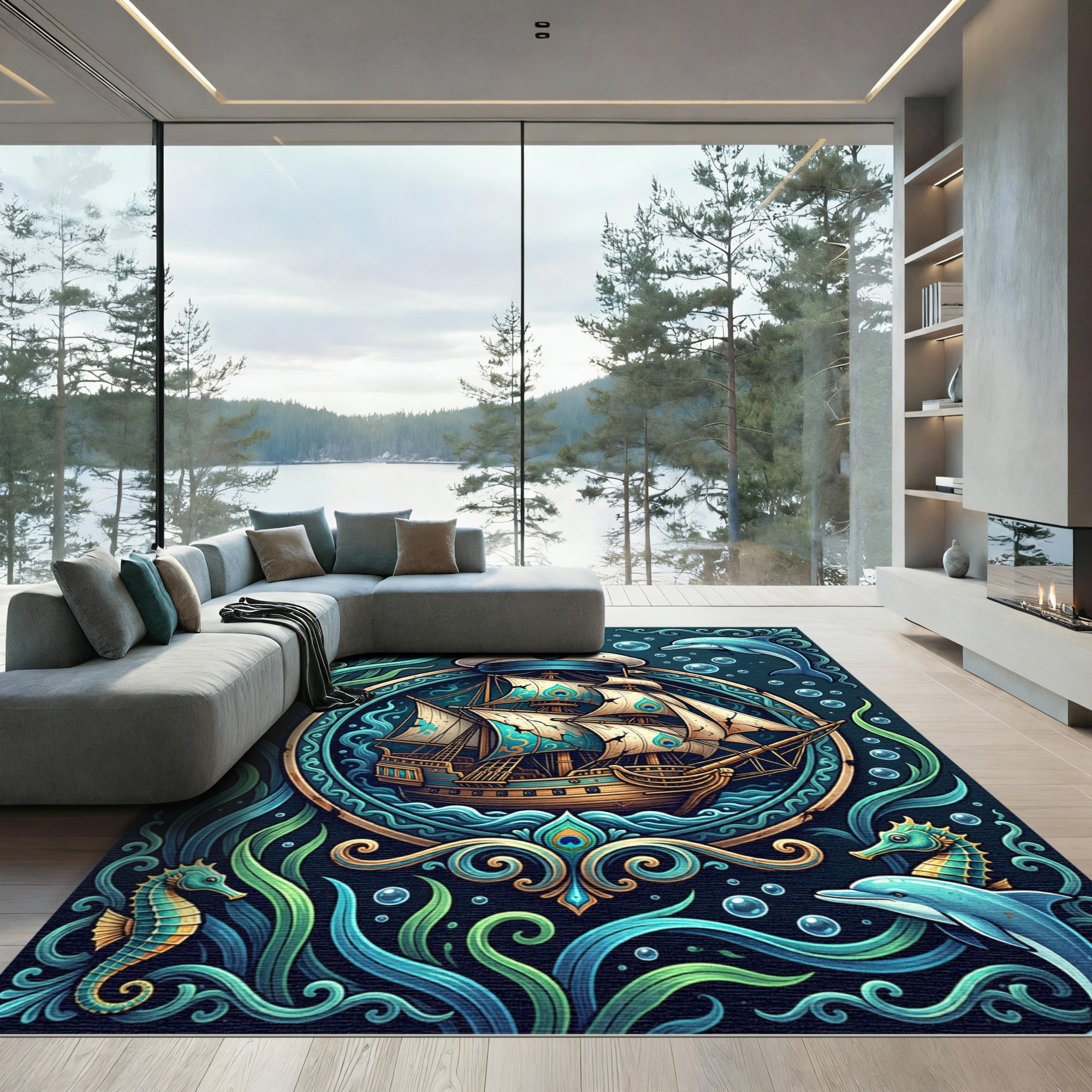 Nautical Peacock Ship Teal Marine Art Rug
