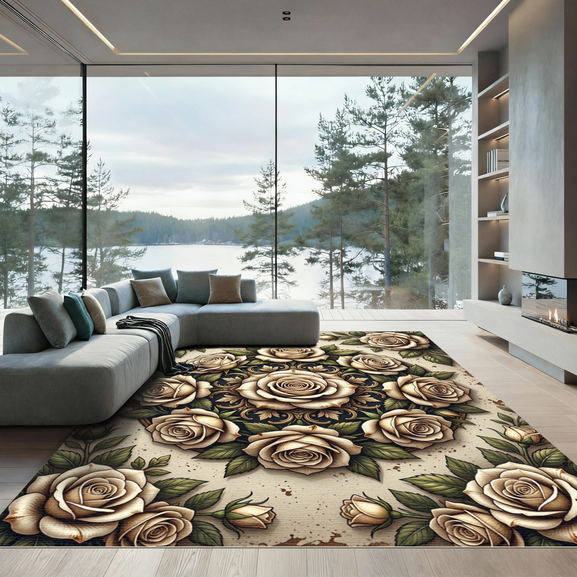 Elegant Cream Rose Floral Medallion Rug