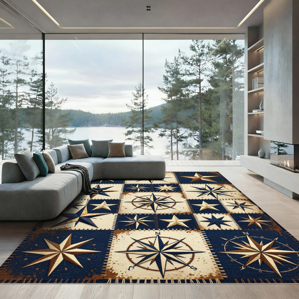 Rustic Navy Blue Nautical Star Patchwork Rug