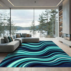 Modern Teal and Navy Liquid Wave Rug