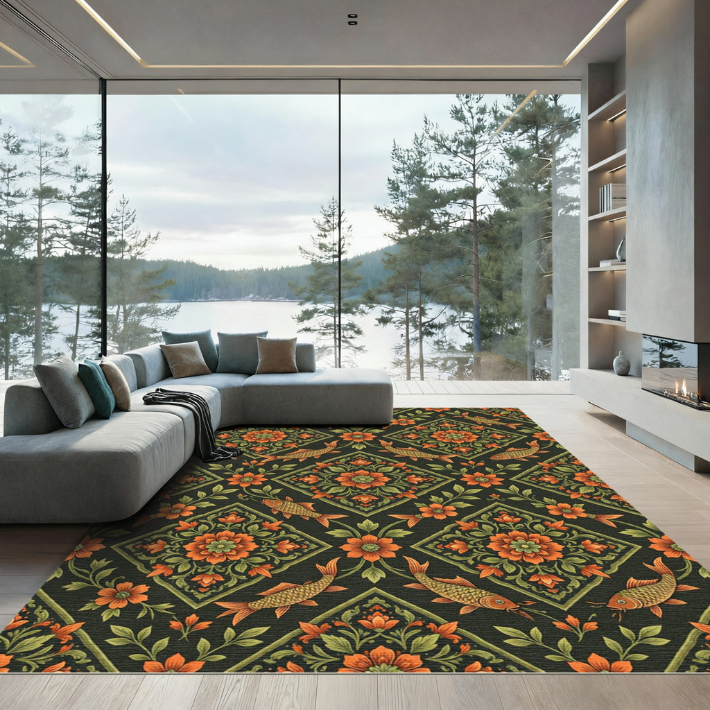 Orange Floral Koi Diamond Arrangement Rug