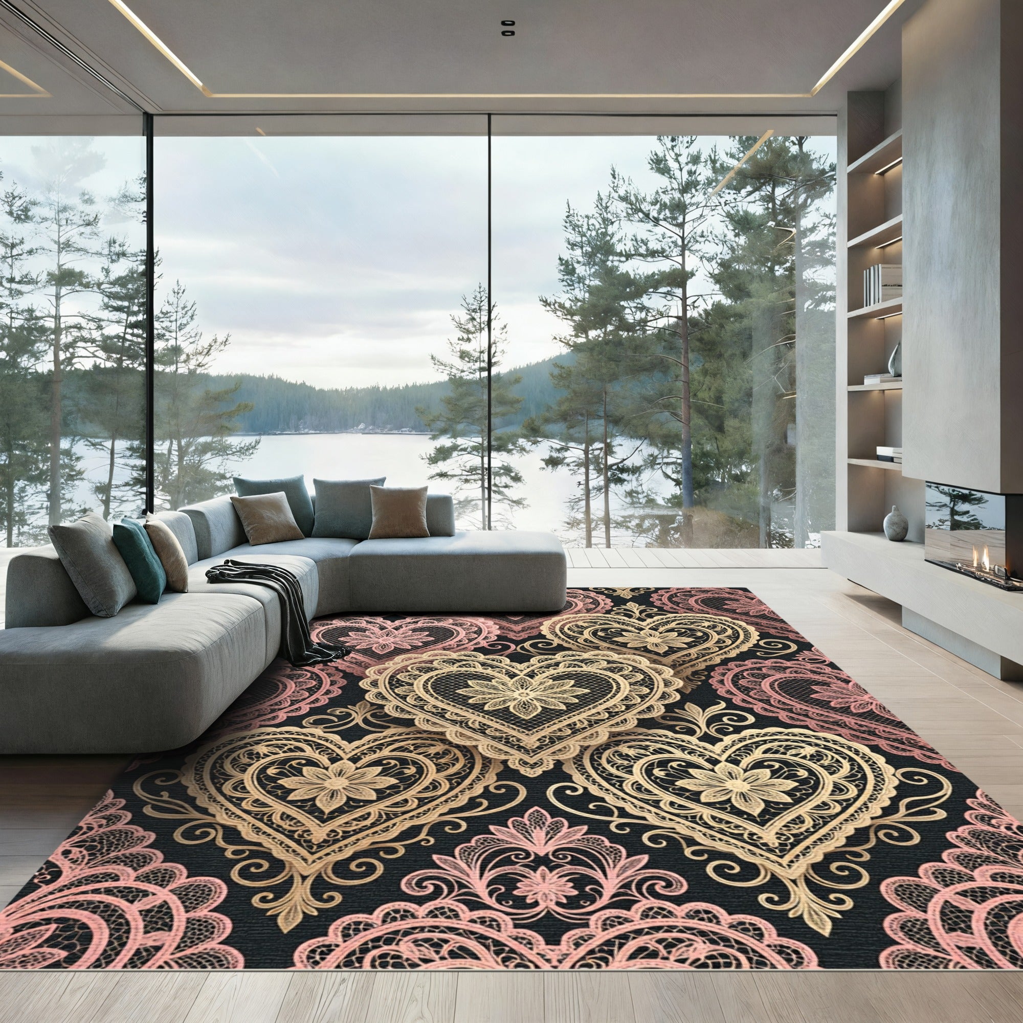 Intricate Gold Lace Heart Damask Rug