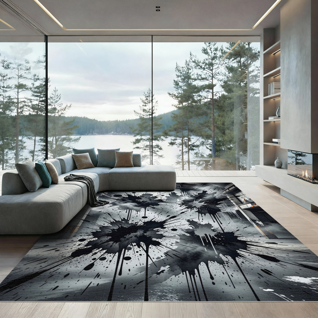 Black Splatter Abstract Grunge Floor Rug