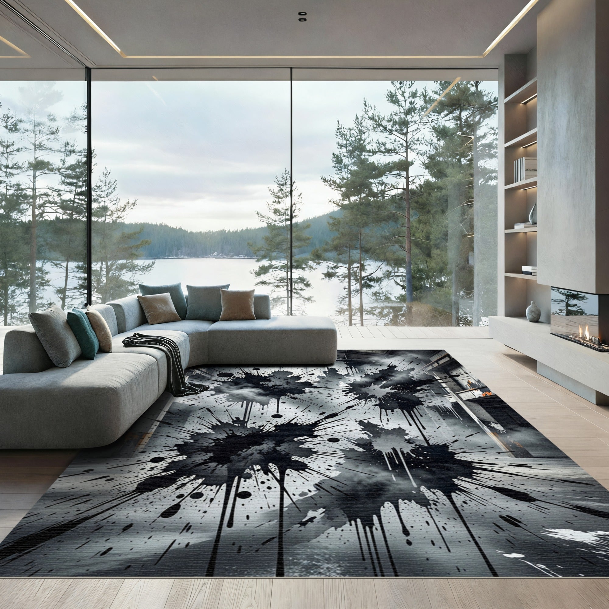 Black Splatter Abstract Grunge Floor Rug
