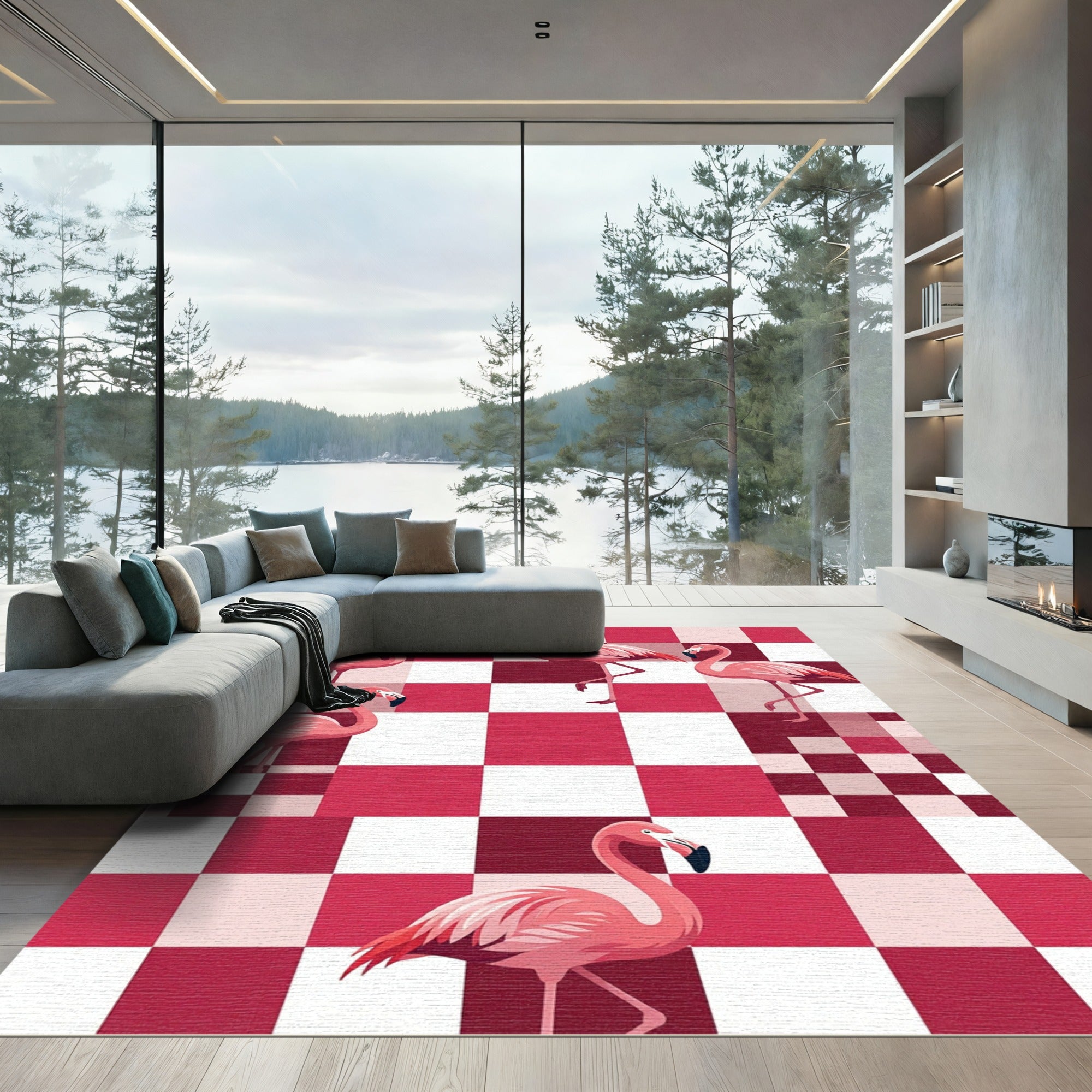 Pink Flamingo Checkerboard Square Rug