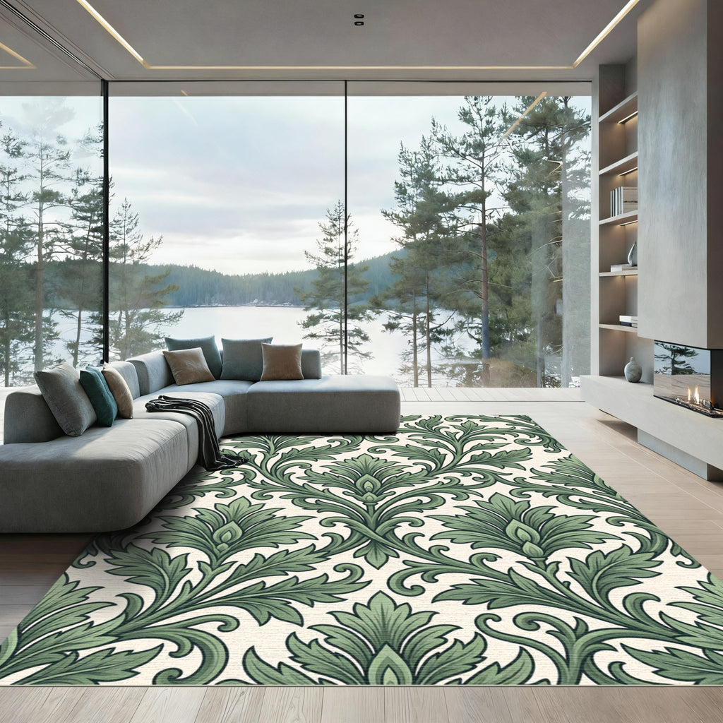Elegant Sage Green Acanthus Scroll Rug