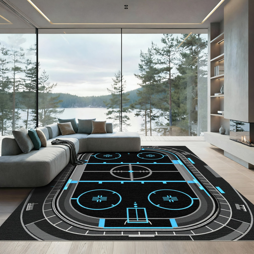 Modern Neon Blue Hockey Rink Graphic Rug