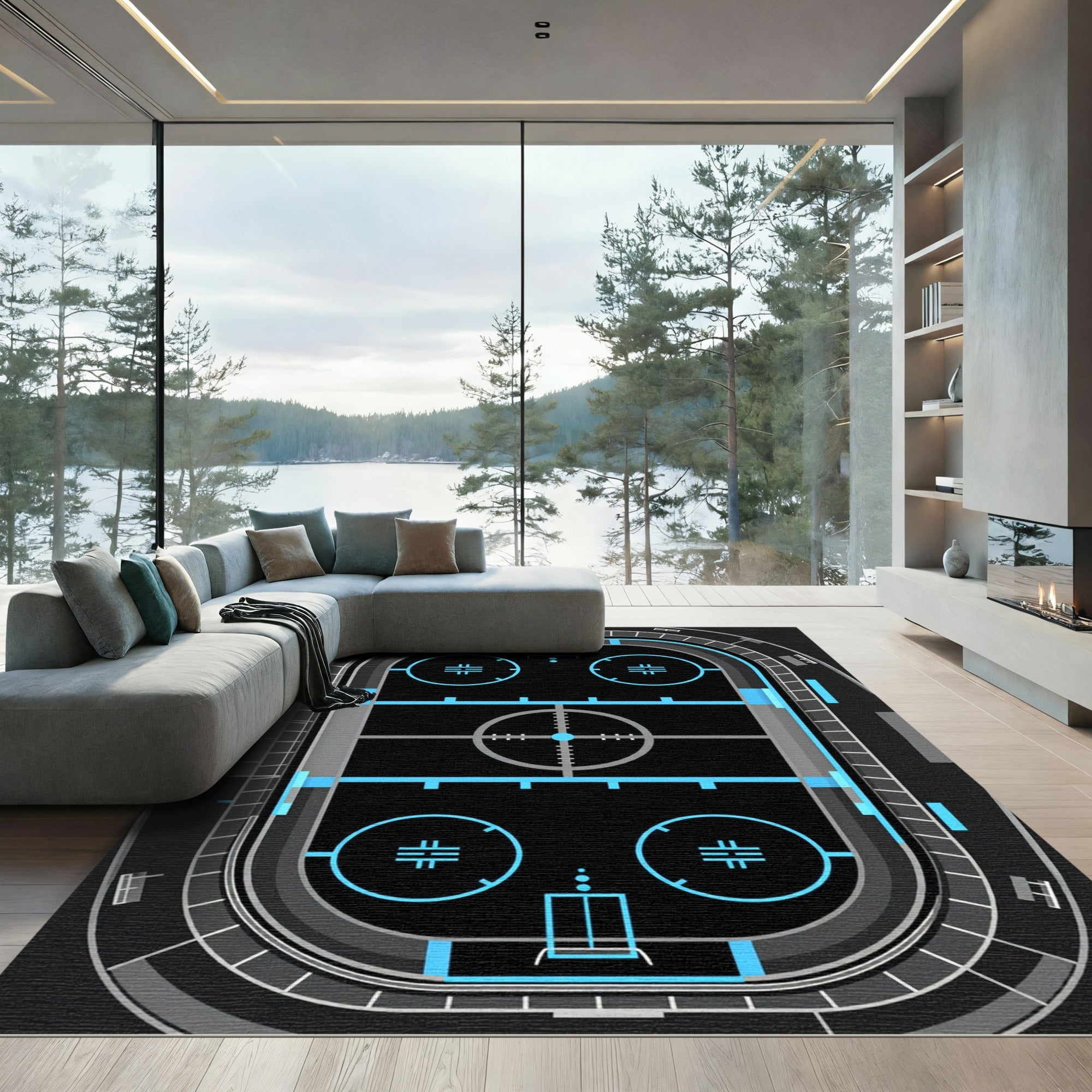 Modern Neon Blue Hockey Rink Graphic Rug