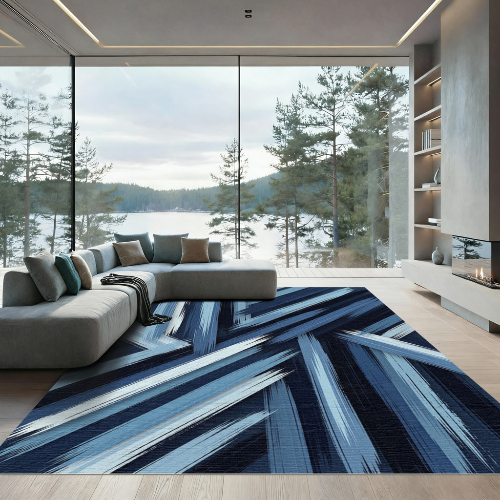 Deep Blue Brushstroke Stripe Composition Rug