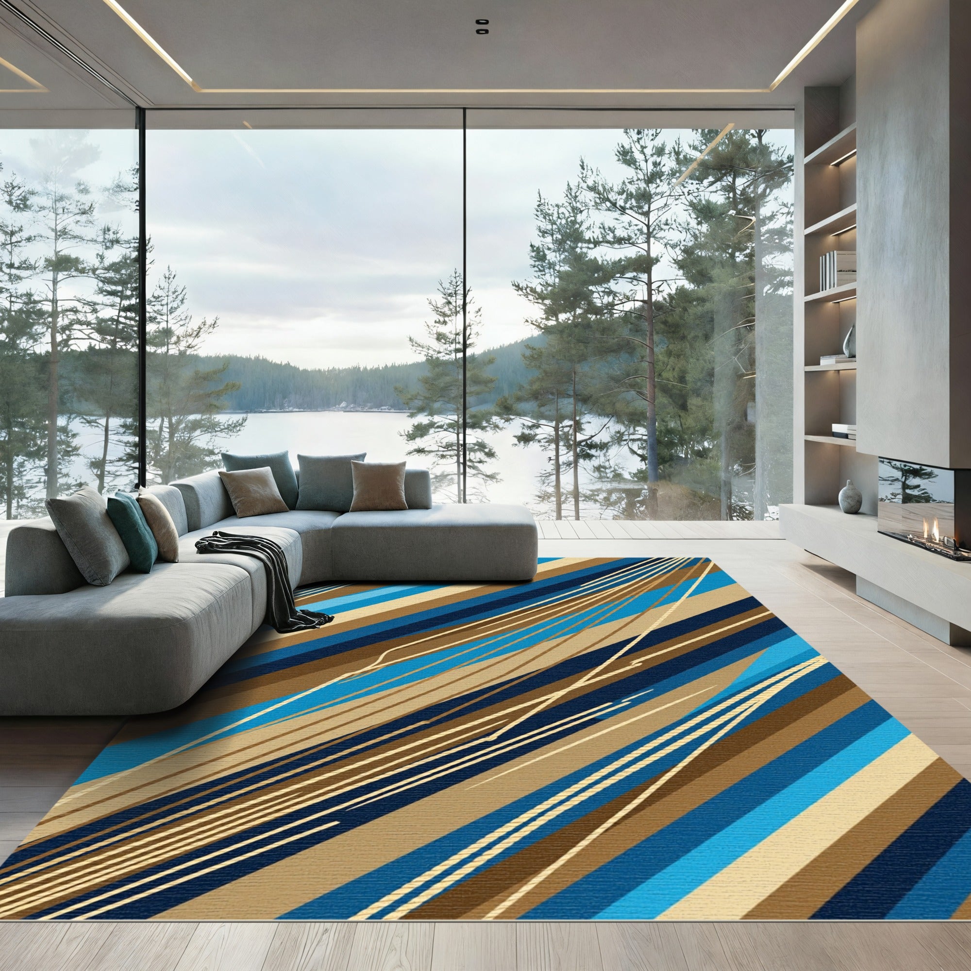 Modern Blue and Gold Abstract Stripe Rug