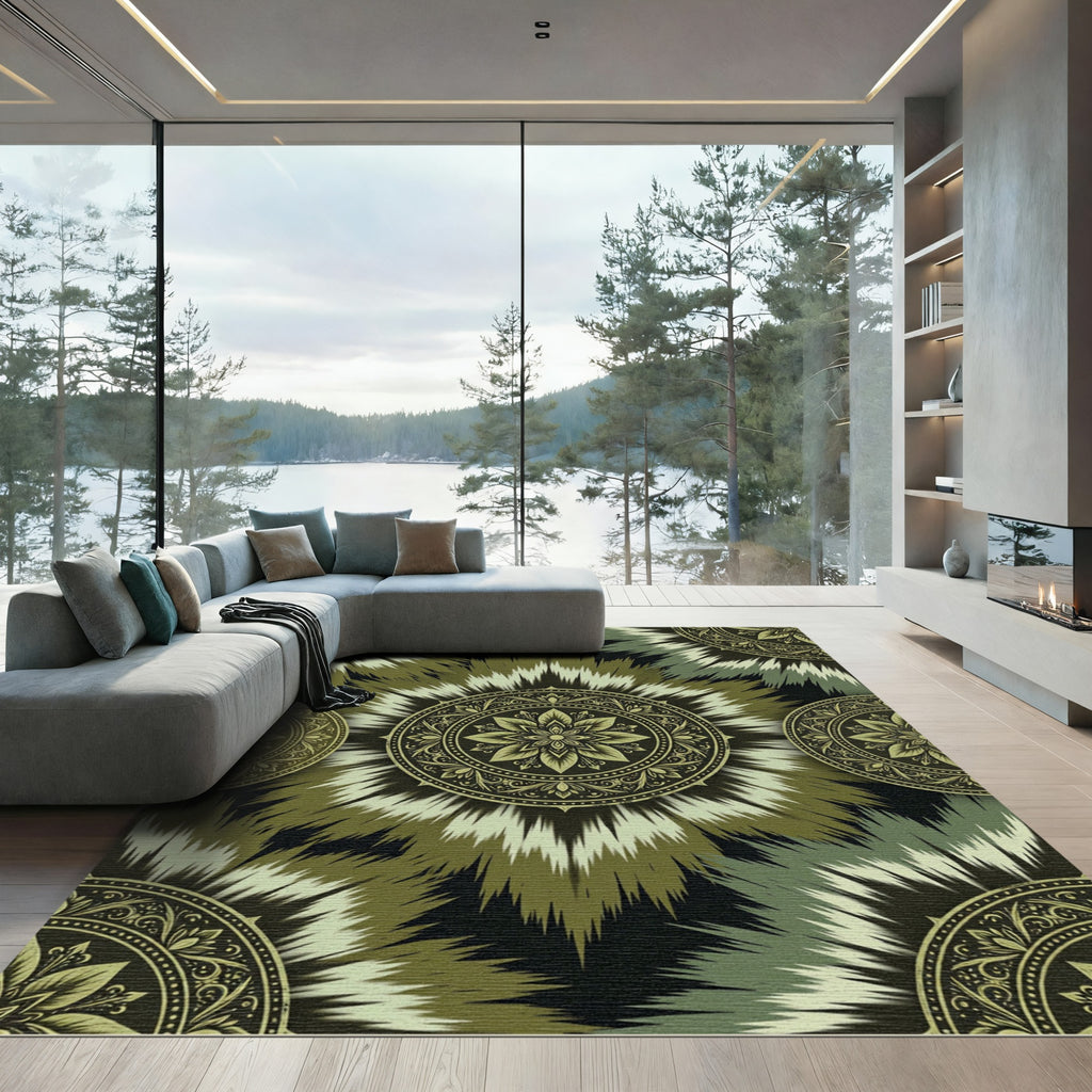 Olive Ikat Floral Geometric Medallion Rug