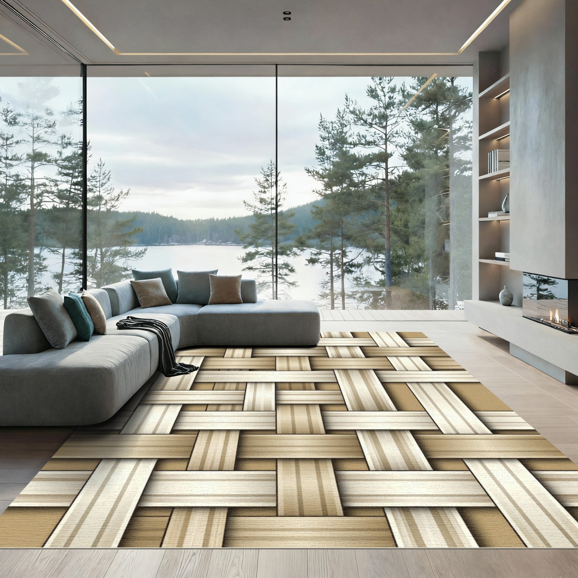 Woven Neutral Beige Textured Lattice Rug