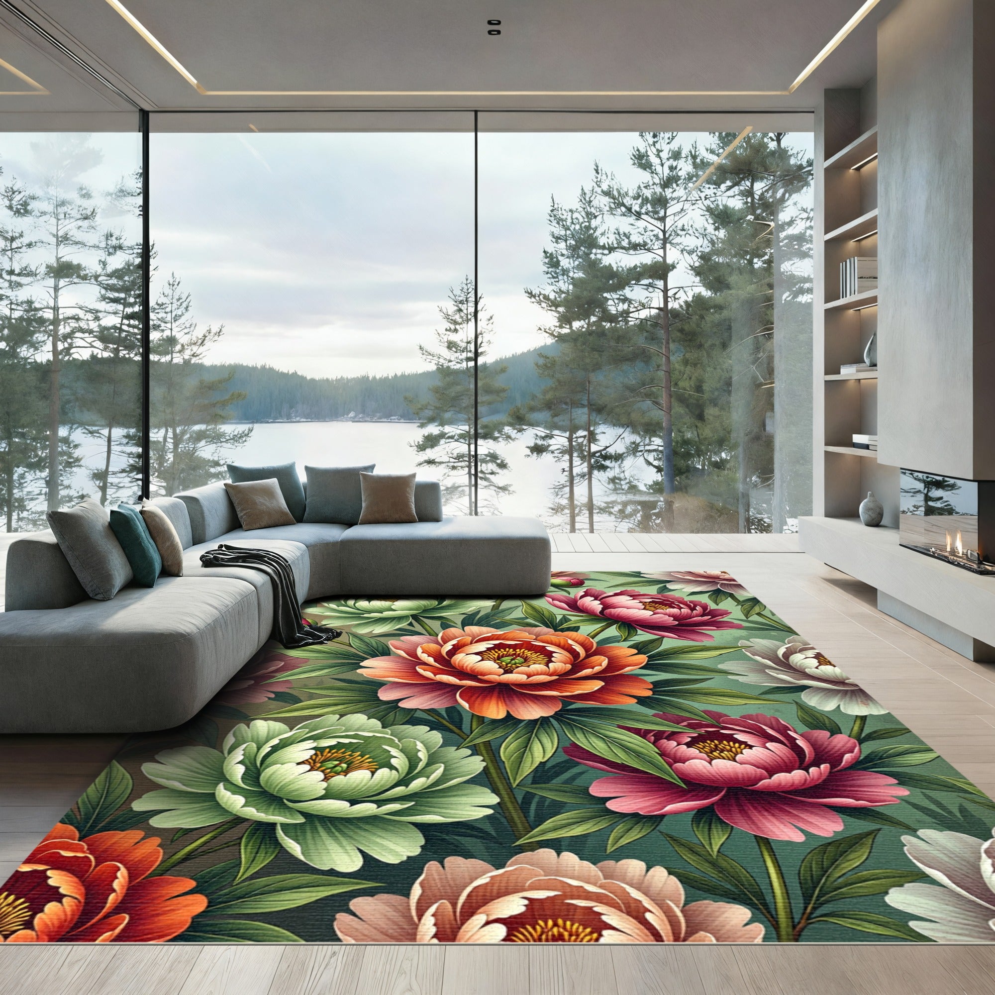 Vibrant Multi-Color Peony Botanical Illustration Rug