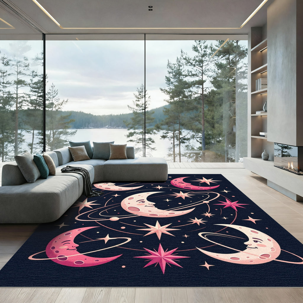 Whimsical Moon Stars Cosmic Night Rug