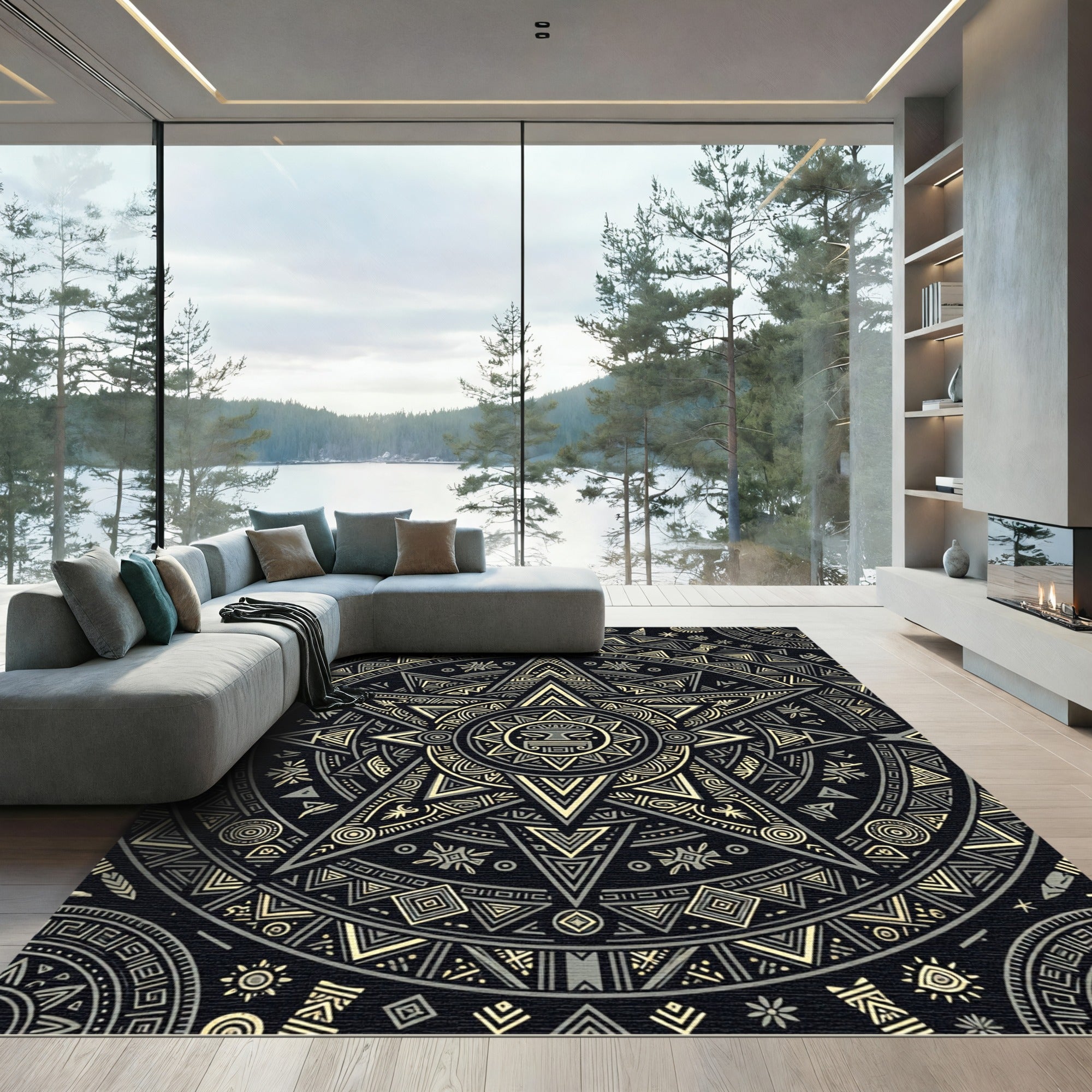 Golden Aztec Sun Star Geometric Medallion Rug