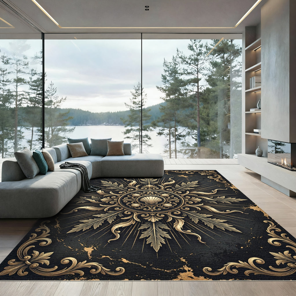 Ornate Gold Shell Baroque Medallion Rug
