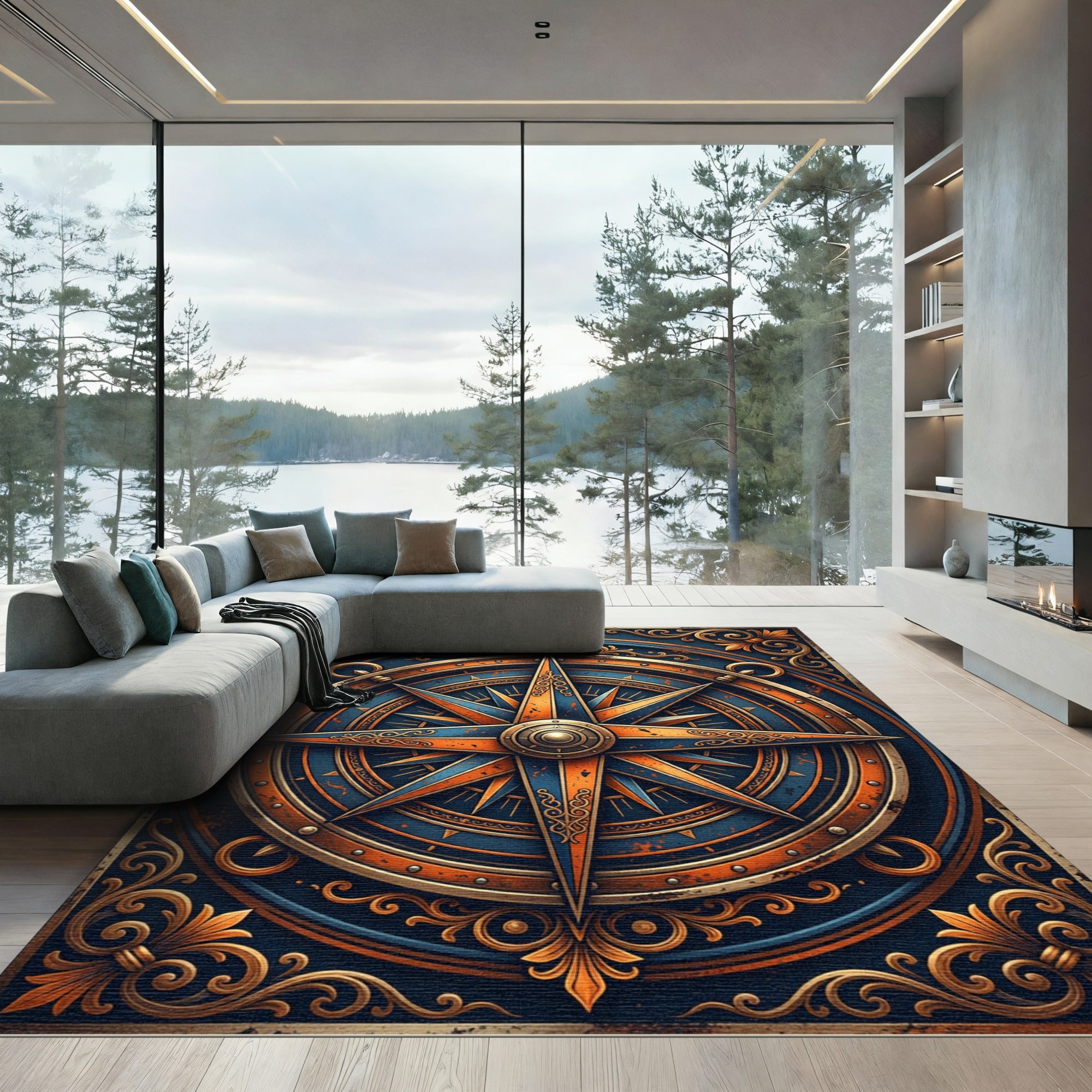 Vintage Copper Blue Compass Medallion Rug