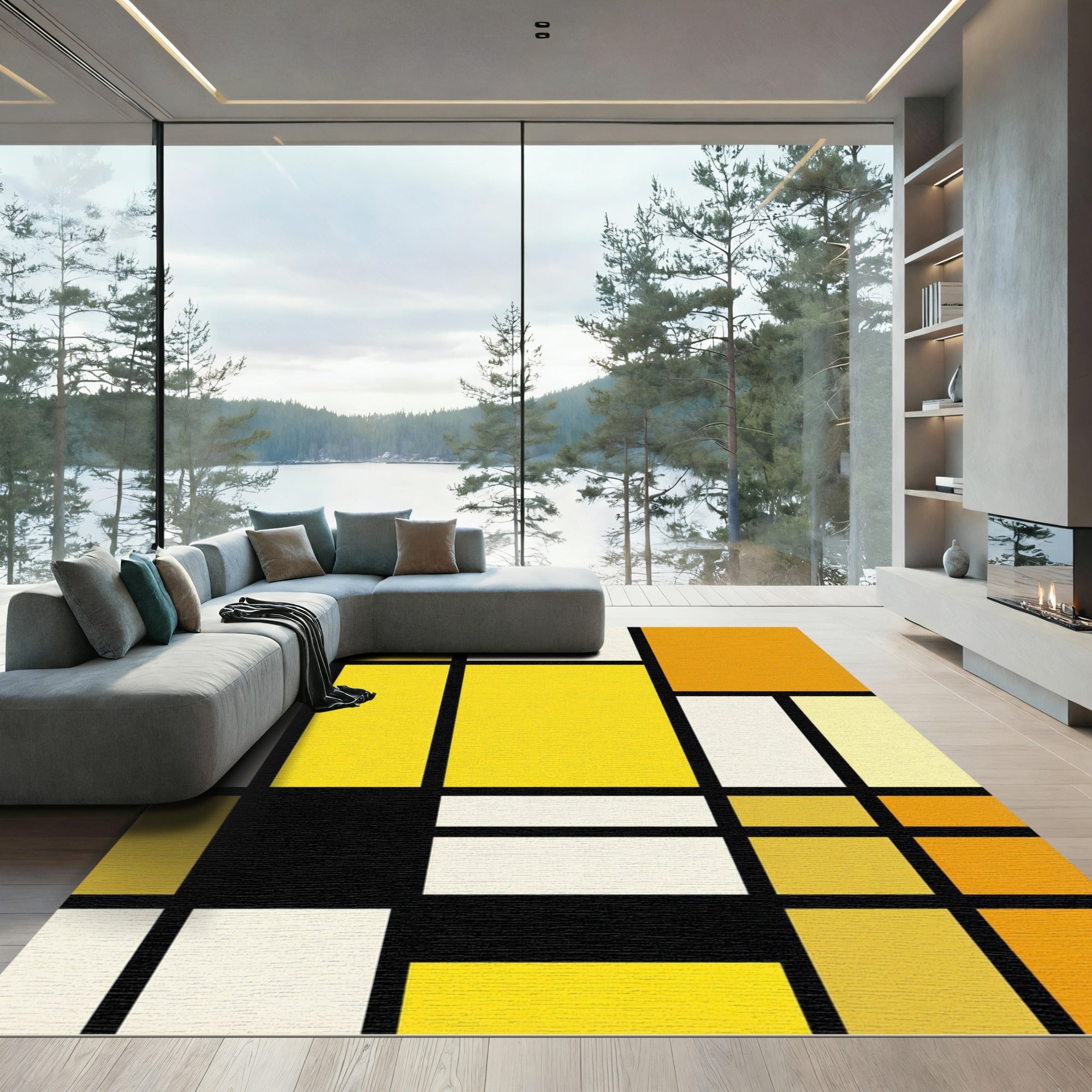 Geometric Abstract Yellow Mondrian Composition Rug