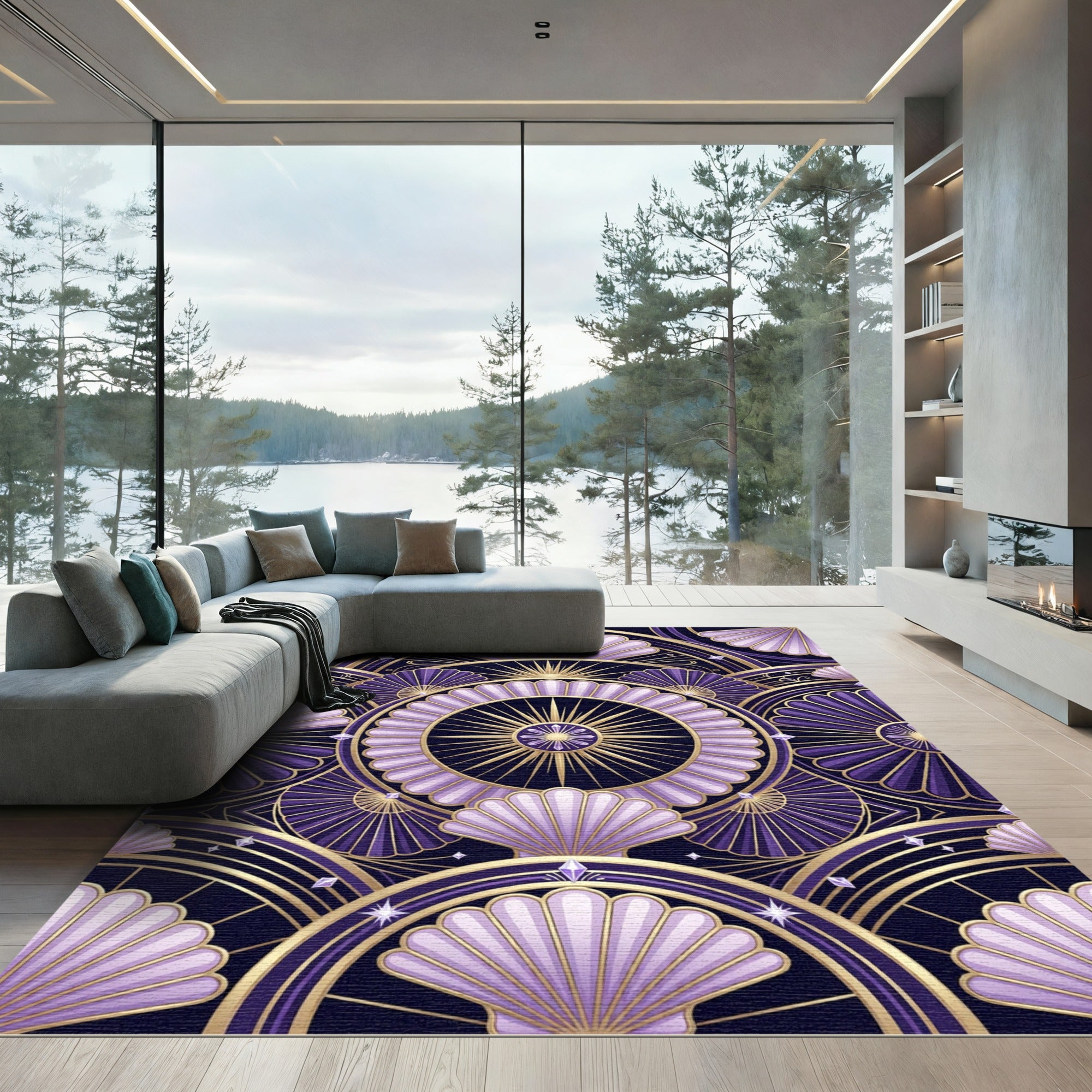 Art Deco Radiant Violet Shell Medallion Rug