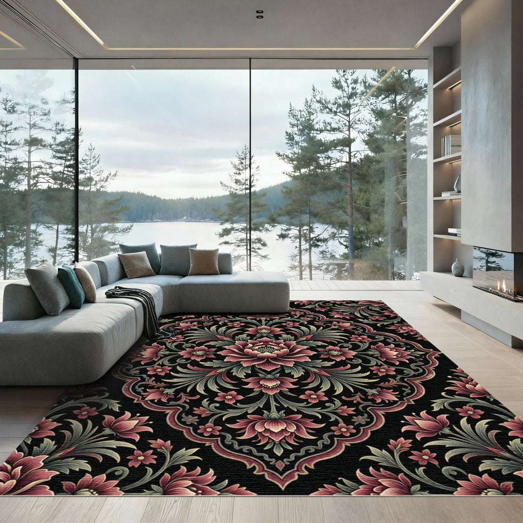 Ornate Dark Crimson Floral Medallion Rug