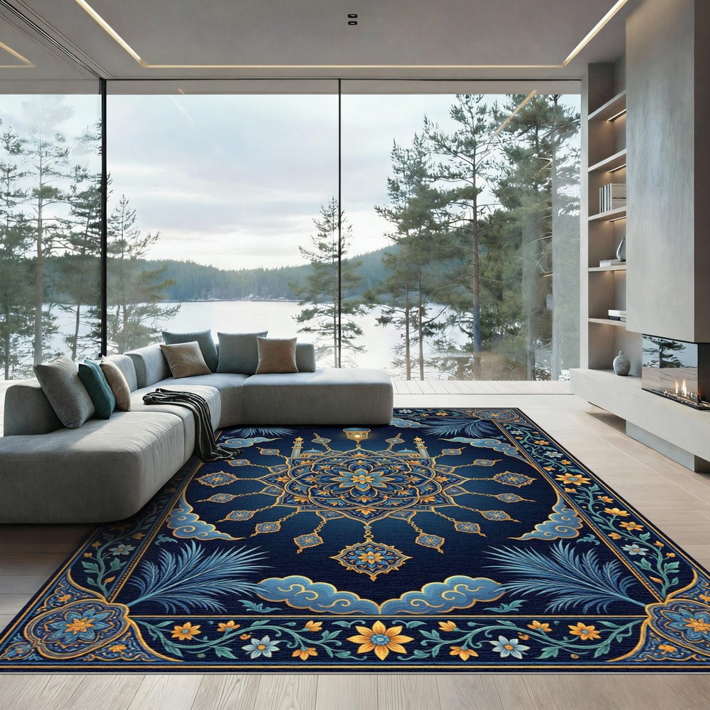 Luminous Blue Golden Mosque Medallion Rug
