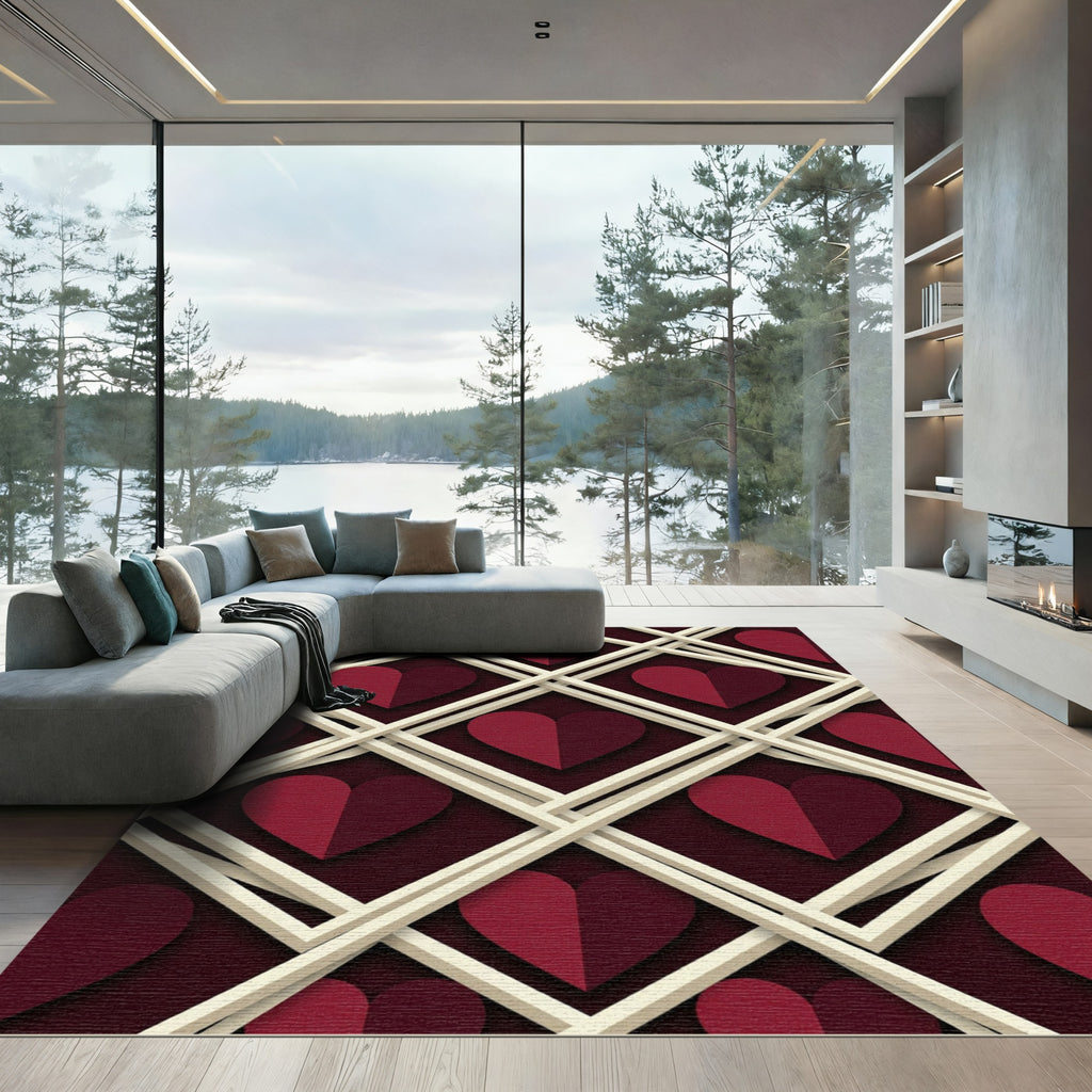 Red Hearts Lattice Dimensional Rug