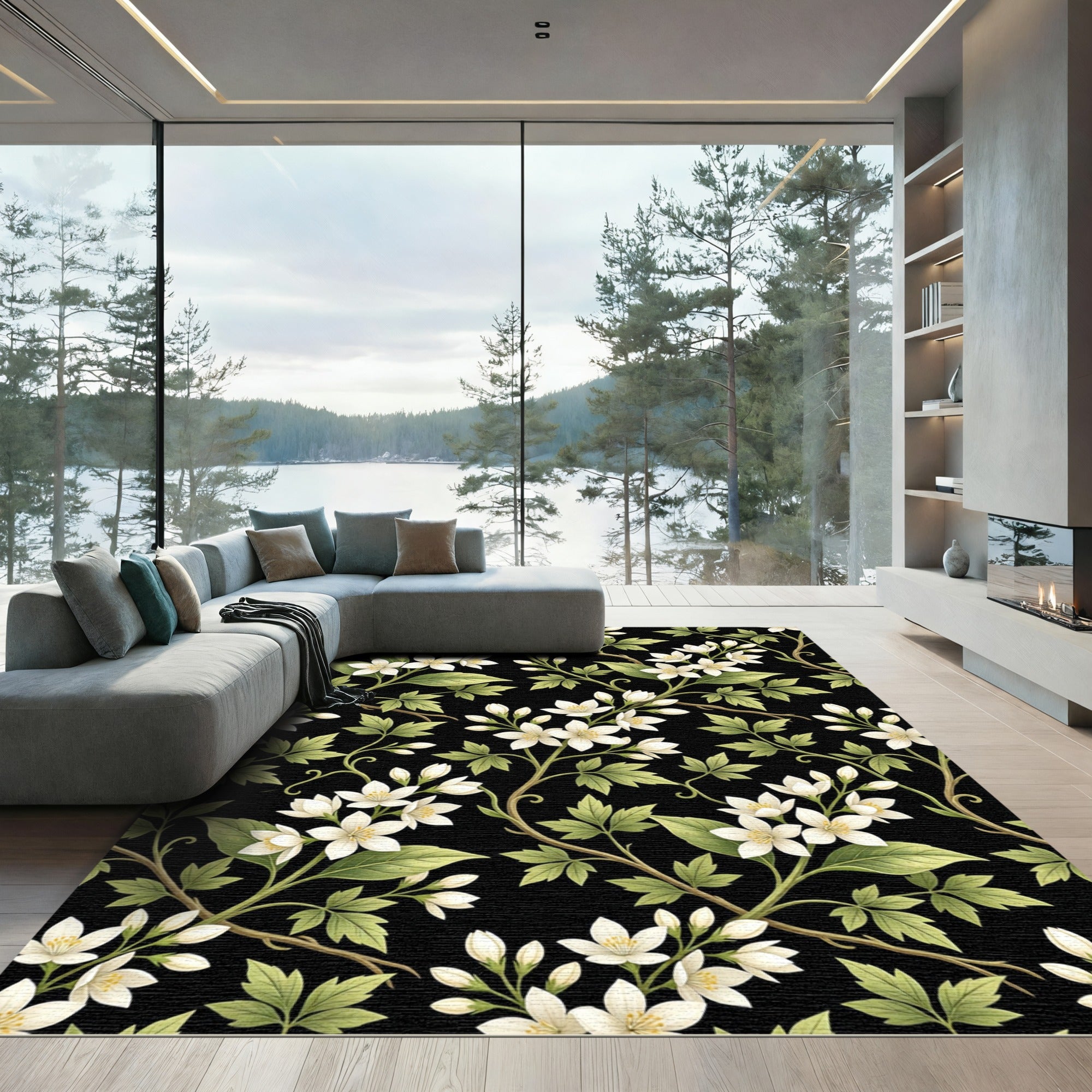 White Blossom Vine With Green Leaves Rug