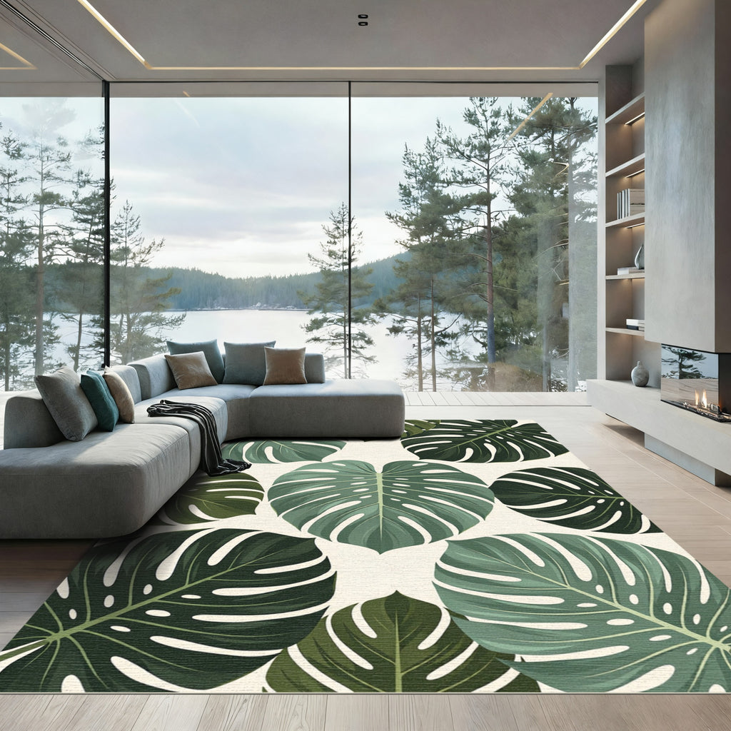 Vibrant Green Monstera Leaf Pattern Rug