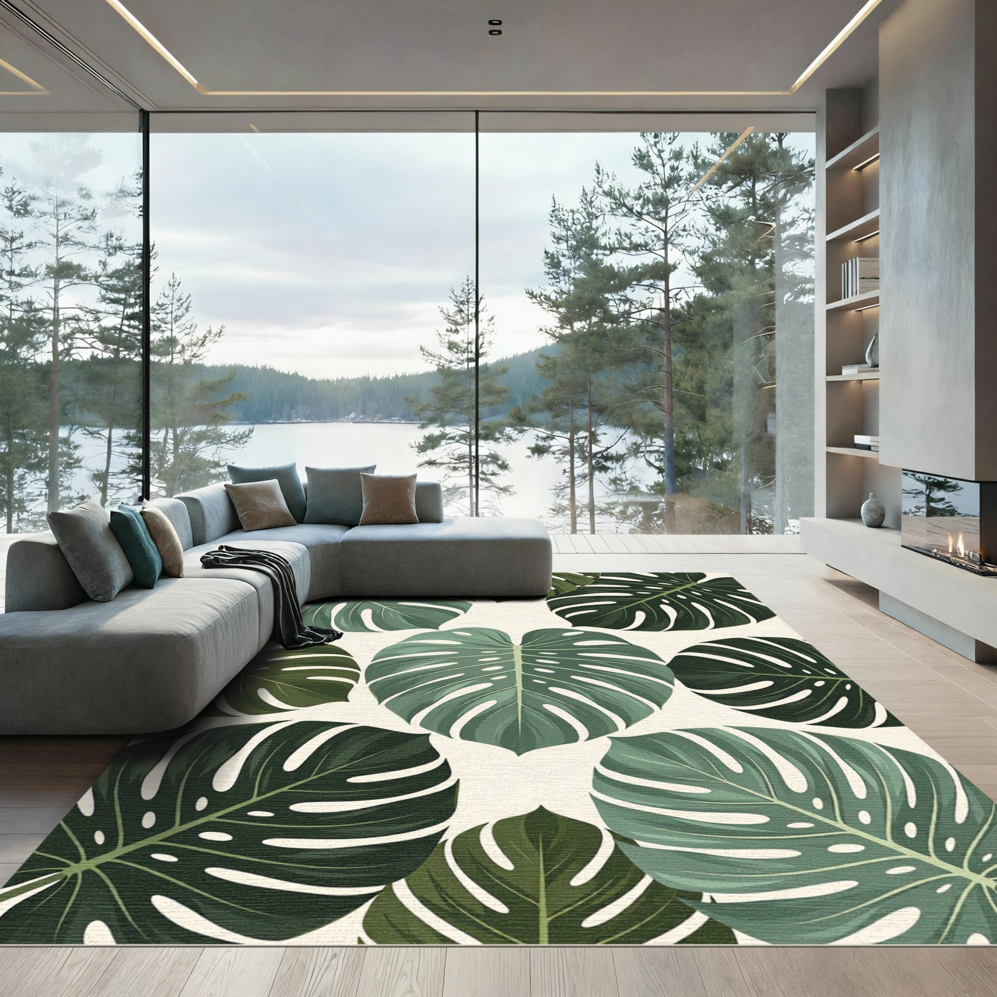 Vibrant Green Monstera Leaf Pattern Rug