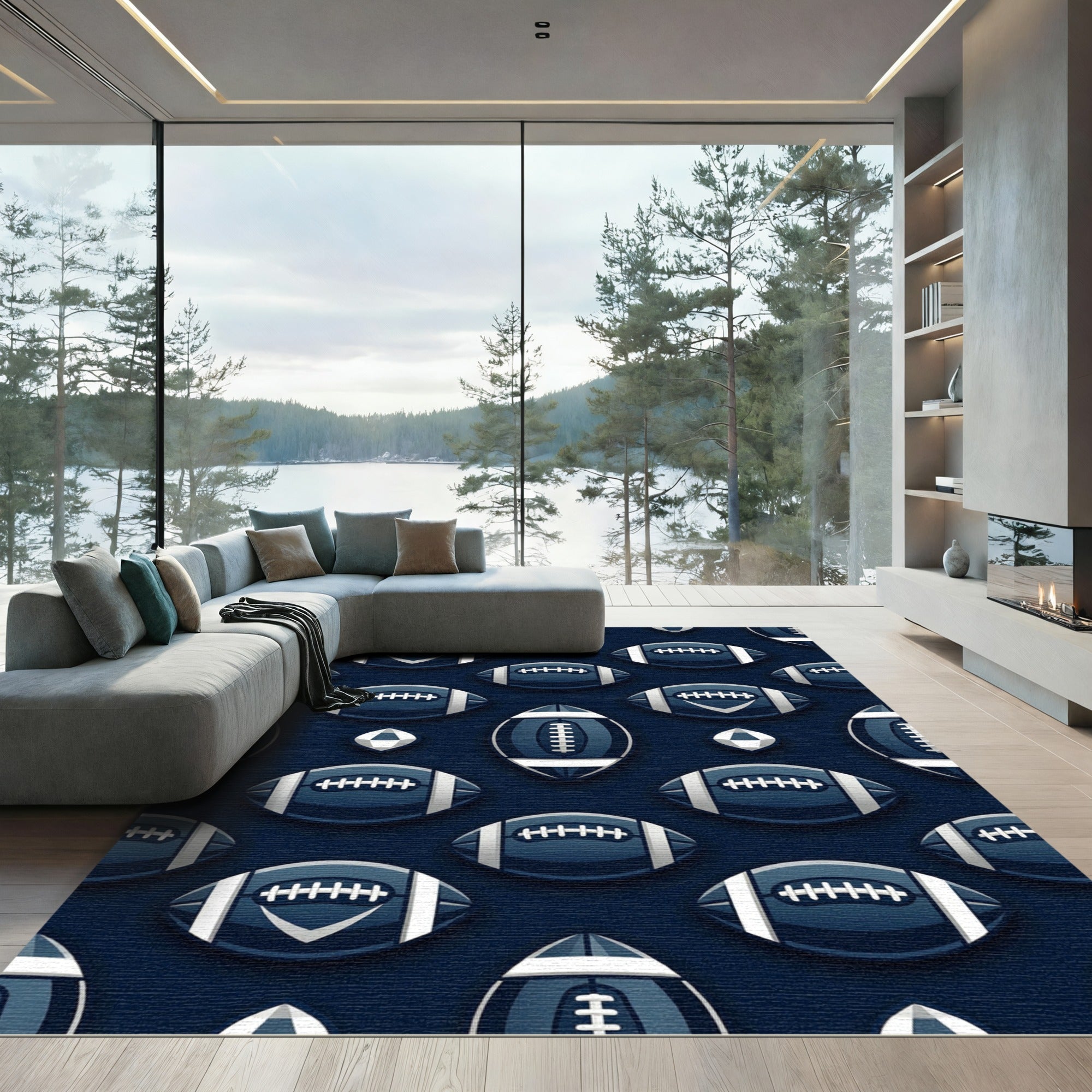 Navy Blue Football Geometric Athletic Rug