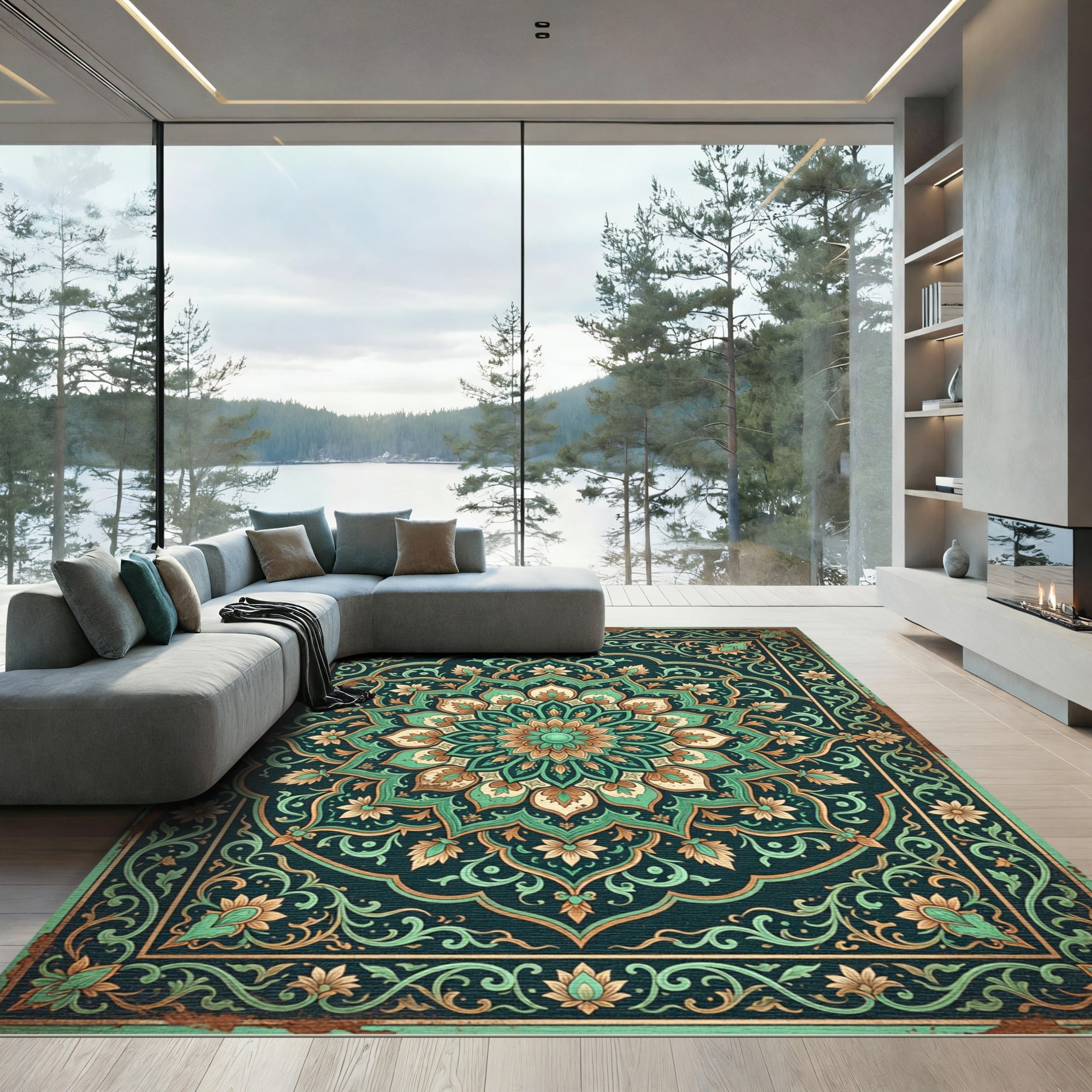 Emerald Green Floral Mandala Medallion Rug