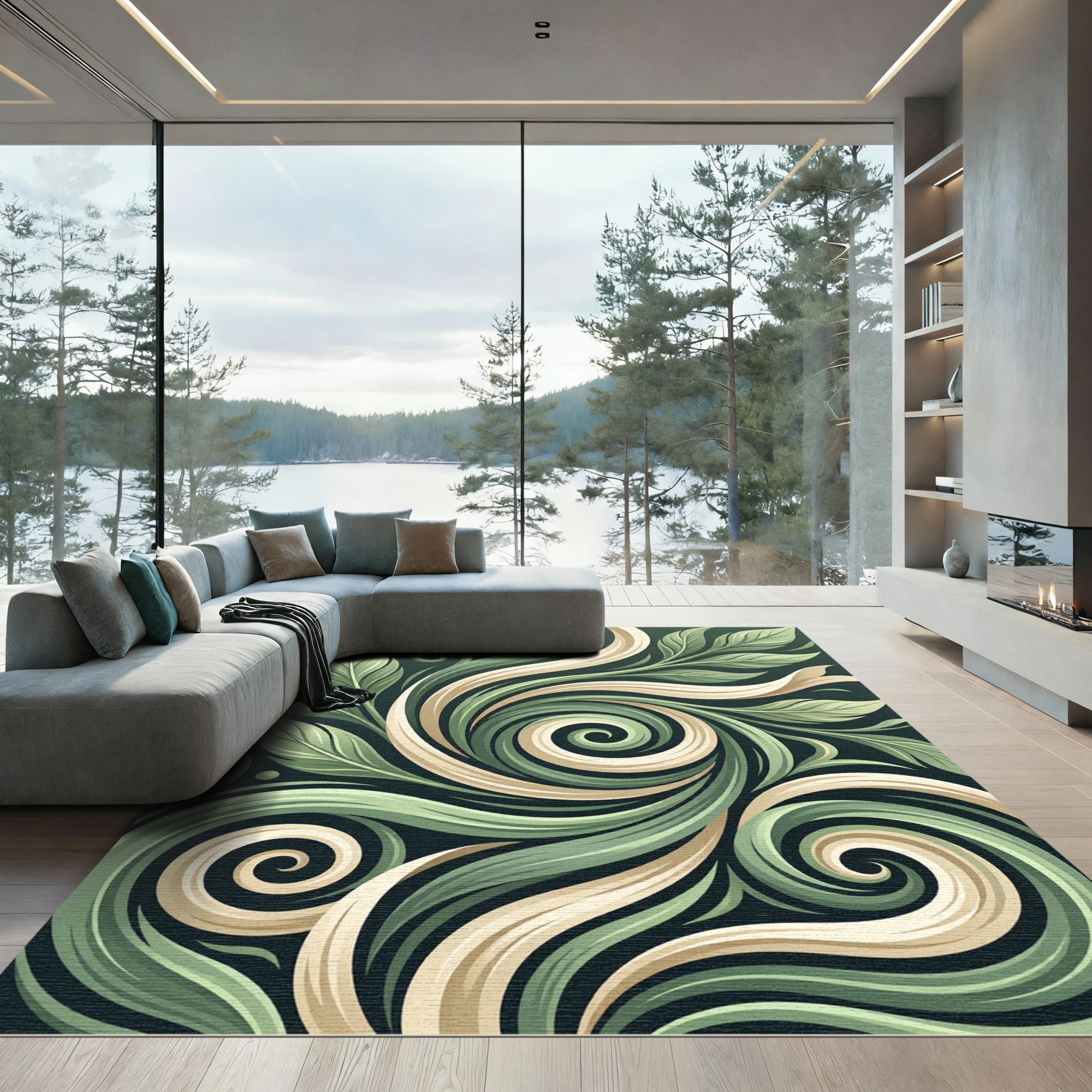 Sage Green Swirling Floral Botanical Rug