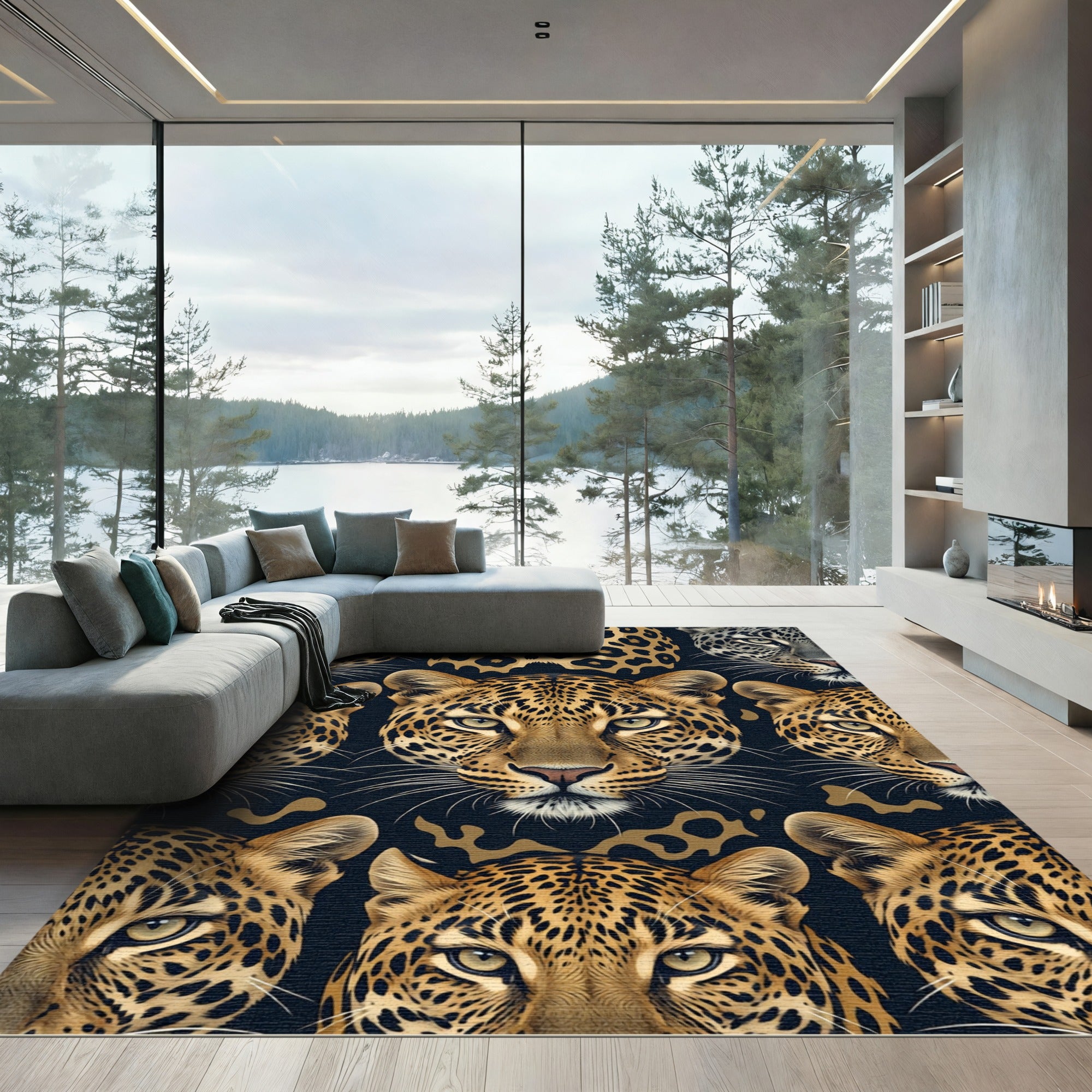 Golden Leopard Fur Animal Face Tiled Rug