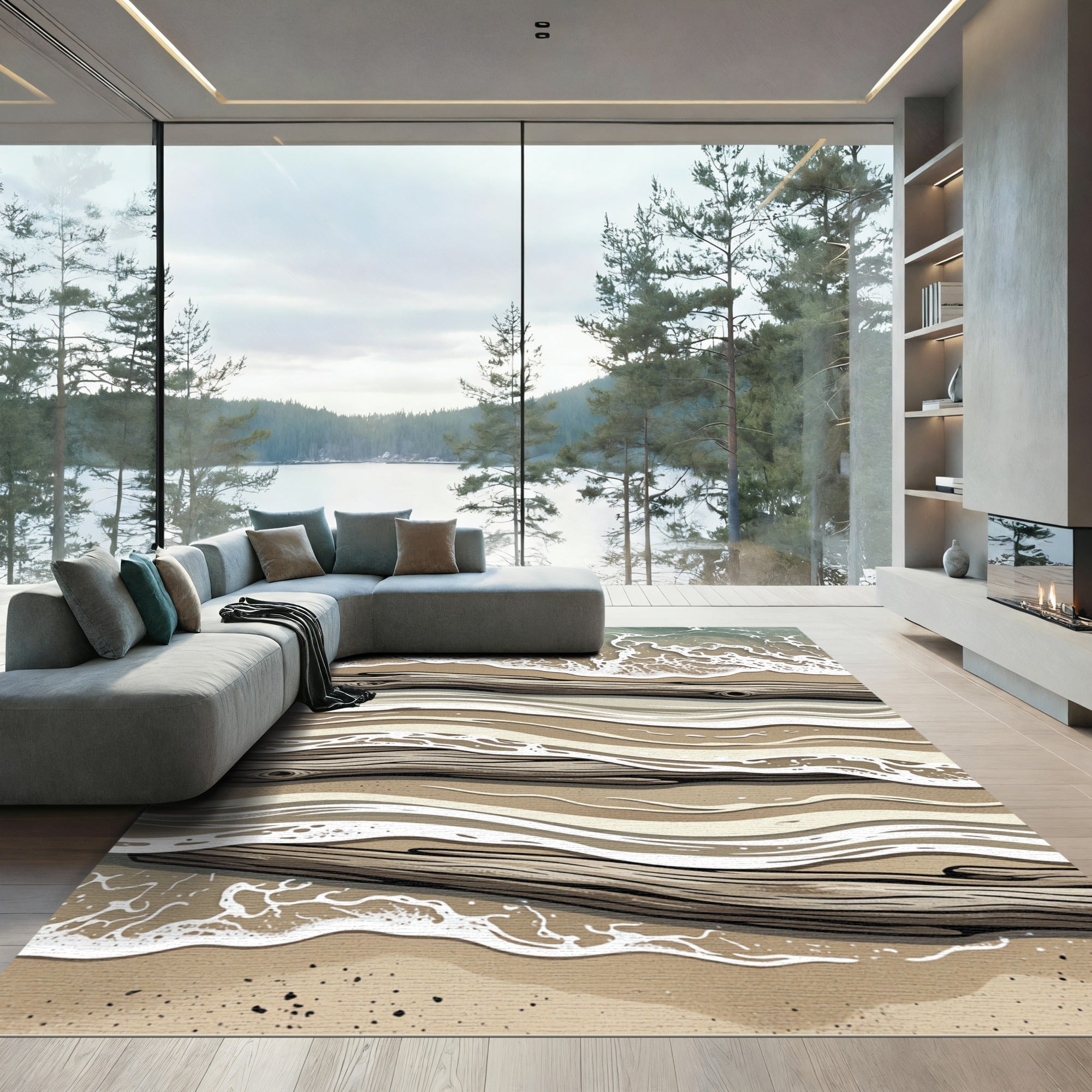 Abstract Driftwood Shoreline Coastal Waves Rug
