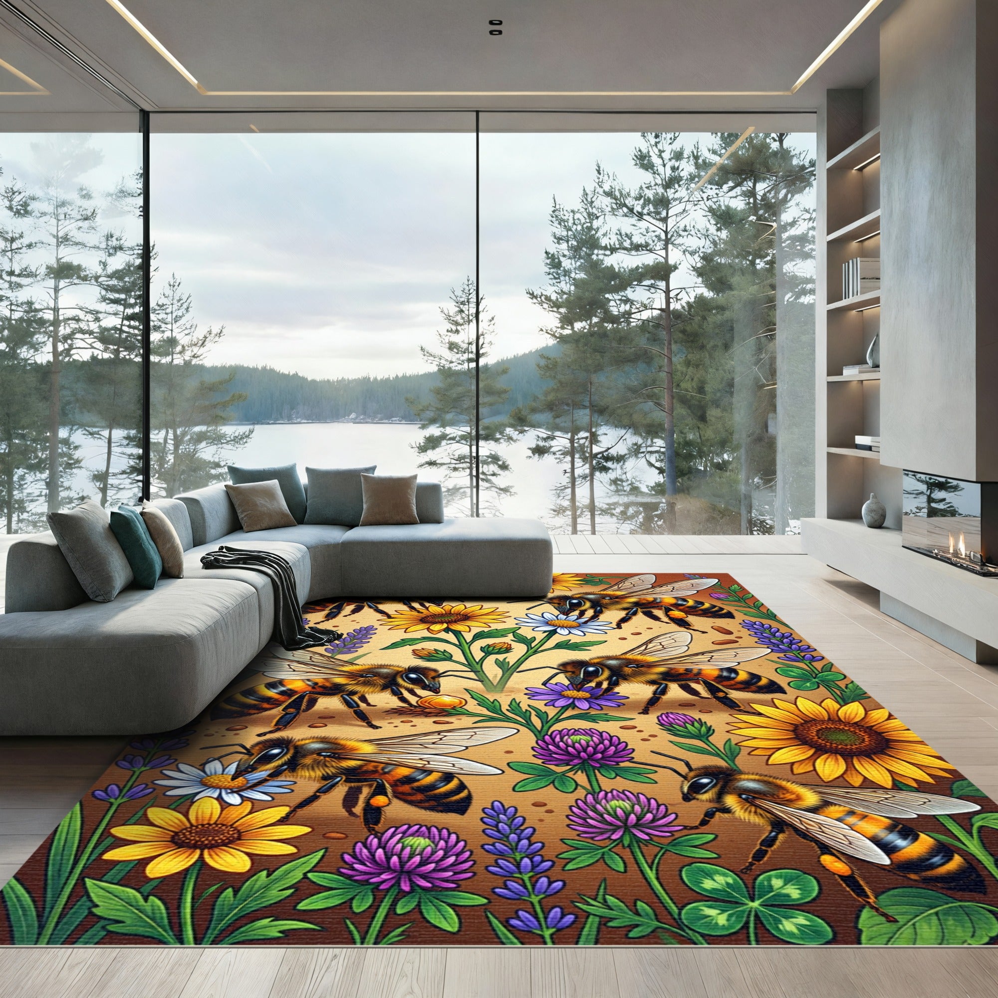 Vibrant Yellow Honeybee Garden Meadow Rug
