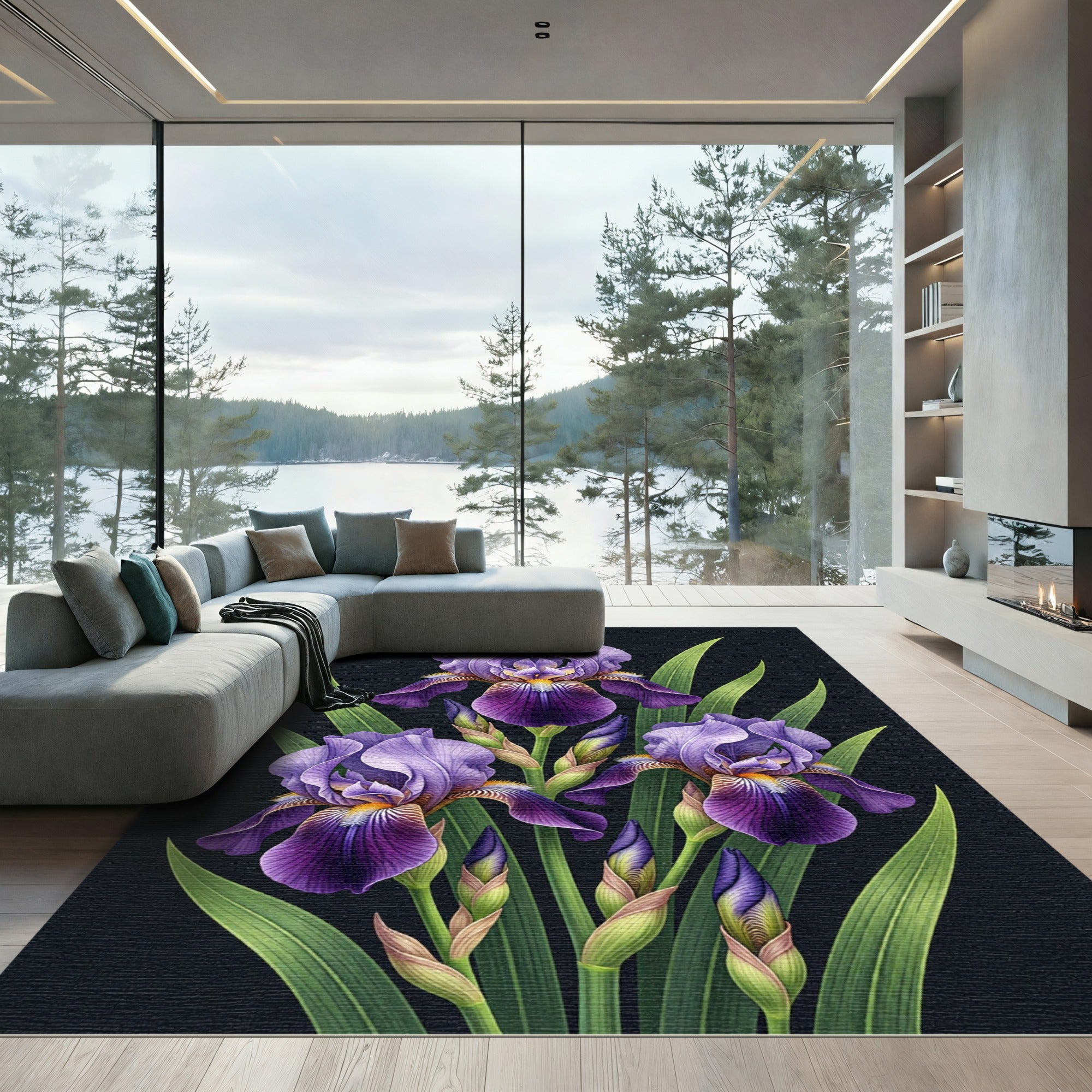 Elegant Purple Iris Botanical Bouquet Rug