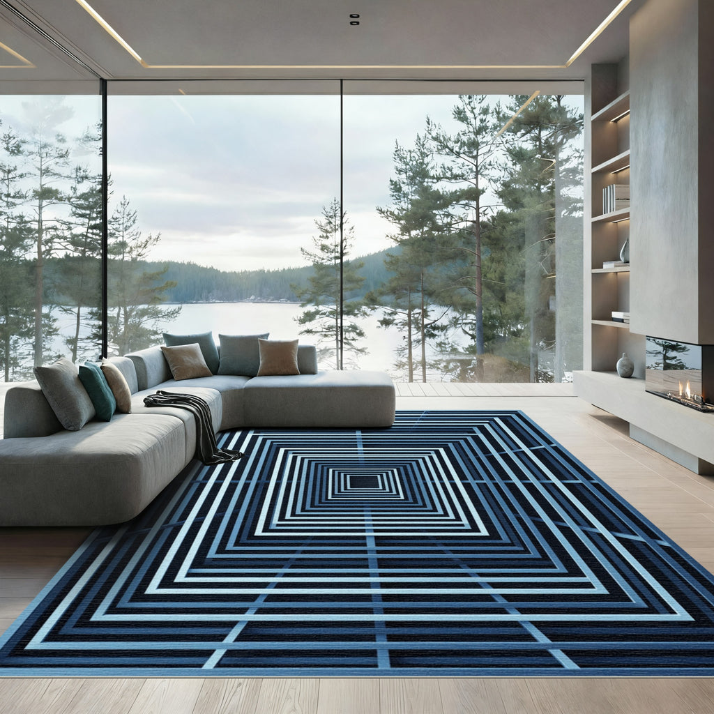 Modern Navy Geometric Optical Tunnel Rug