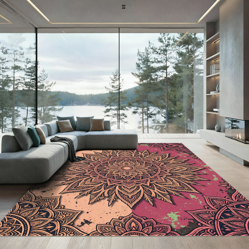 Ornate Peach and Burgundy Mandala Rug