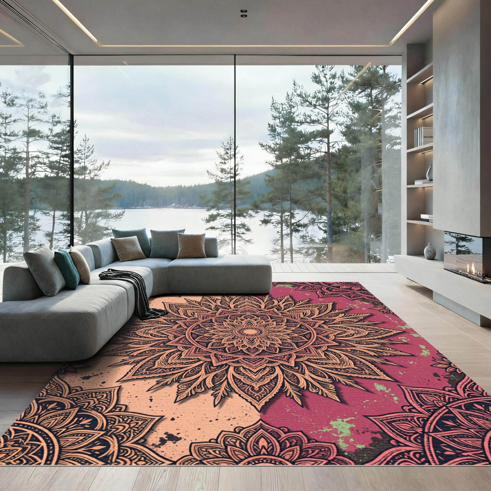 Ornate Peach and Burgundy Mandala Rug